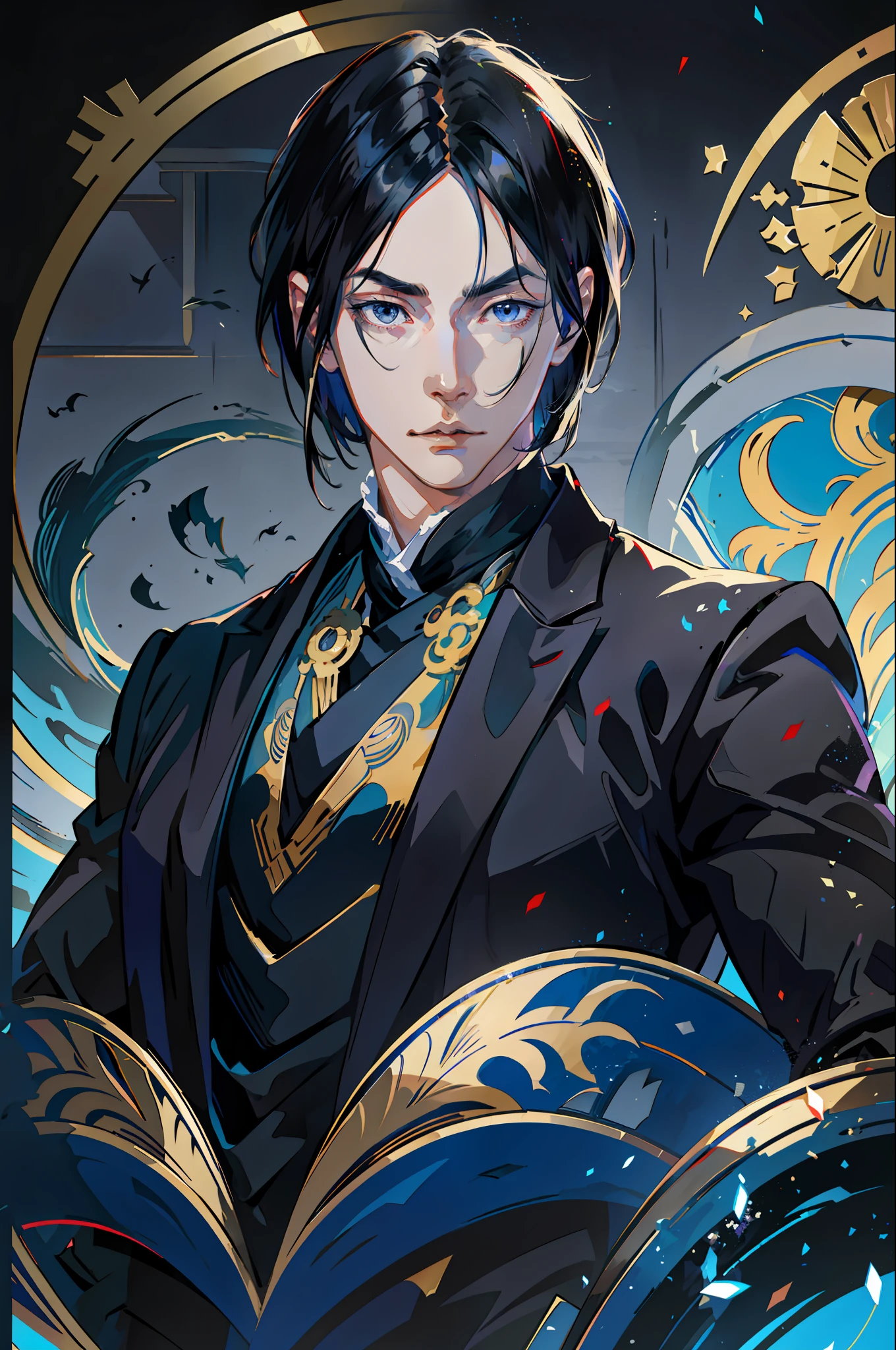 masterpiece, best quality, 1 man, adult, handsome, tall and muscular boy, broad shoulders, finely detailed eyes and detailed face, short black hair, sasuke, onyx colored eyes, aristocrat, magnificent background, shadow effect, throne,(anime), sasuke uchiha,fantasy, 18th-century European aristocratic style, noble, garden, baroque