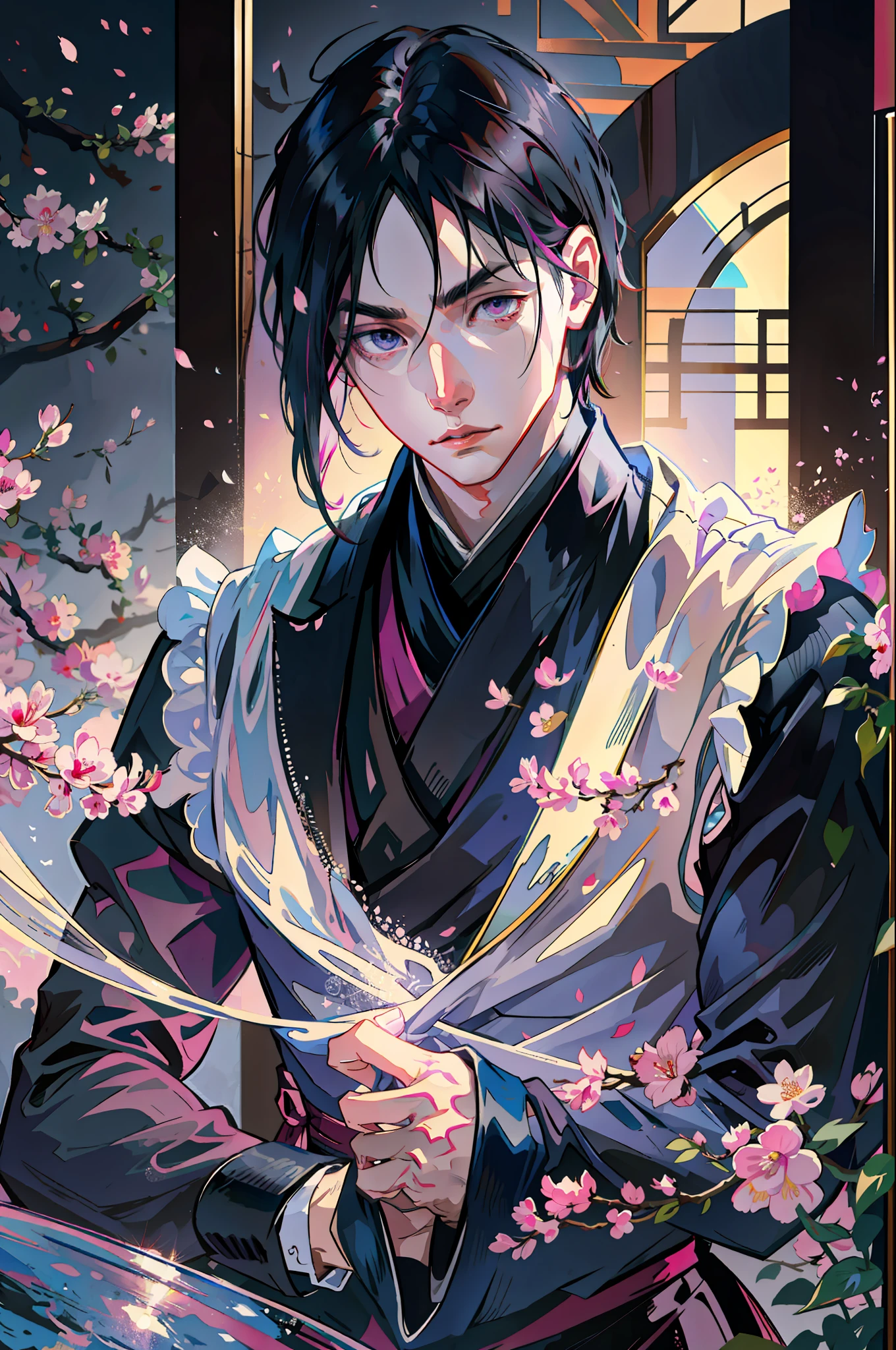masterpiece, best quality, 1 man, adult, handsome, tall and muscular boy, broad shoulders, finely detailed eyes and detailed face, short black hair, sasuke, onyx color eyes, aristocrat, magnificent background, shadow effect, throne,(anime), sasuke uchiha,fantasy, 18th-century European aristocratic style, noble, garden, baroque, he is accompanied by a woman with pink hair, sakura, anime,