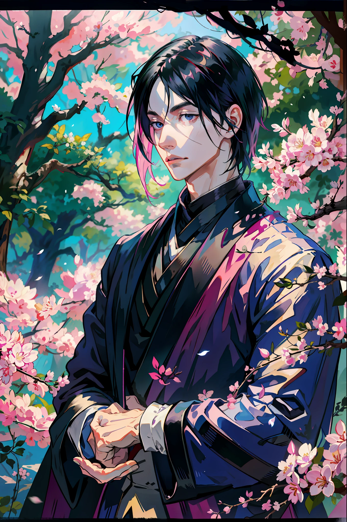 masterpiece, best quality, 1 man, adult, handsome, tall and muscular boy, broad shoulders, finely detailed eyes and detailed face, short black hair, sasuke, onyx color eyes, aristocrat, magnificent background, shadow effect, throne,(anime), sasuke uchiha,fantasy, 18th-century European aristocratic style, noble, garden, baroque, he is accompanied by a woman with pink hair, sakura, anime,