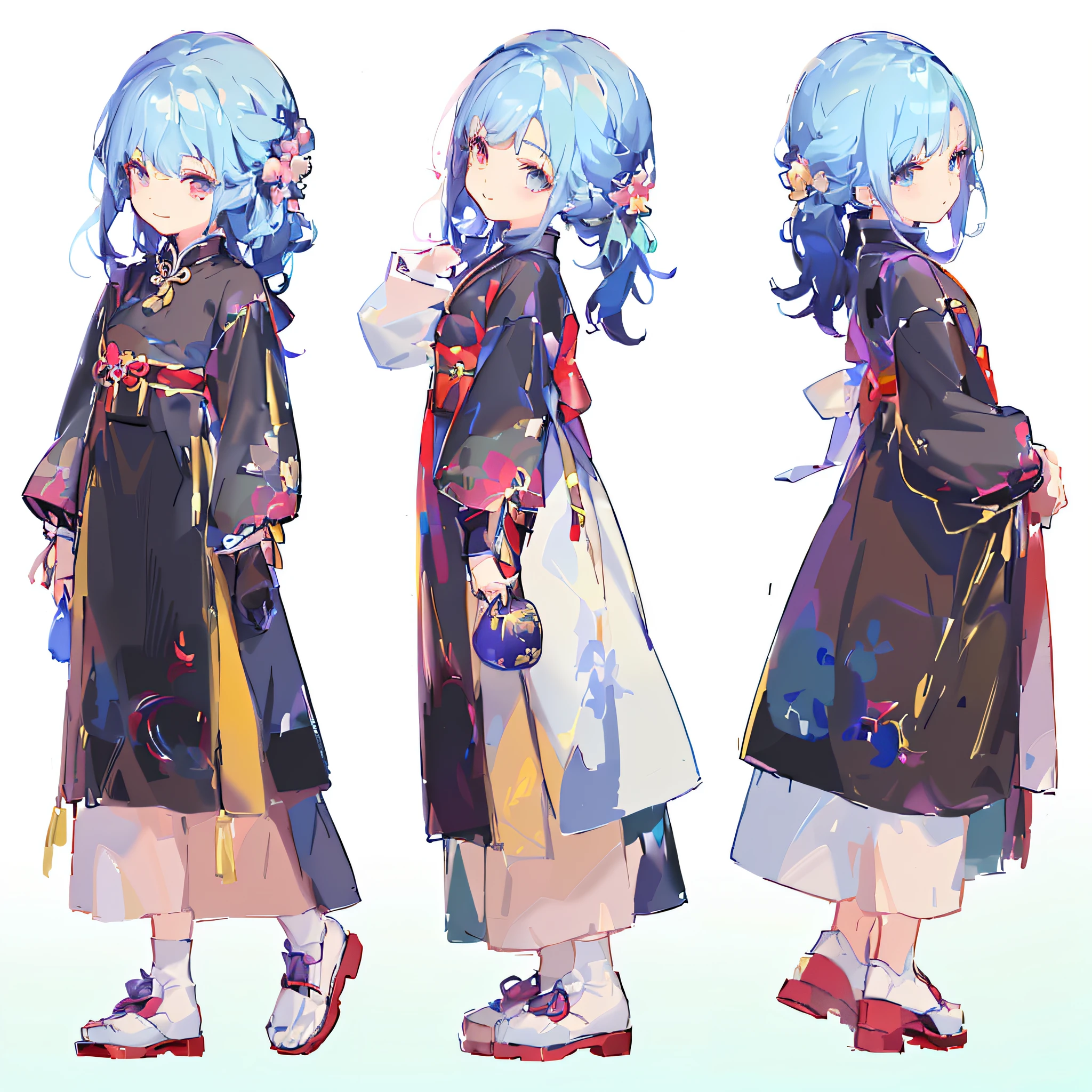 three different poses of a woman in a kimono outfit, dressed with long fluent clothes, cute art style, highly detailed character design, pretty anime character design, by Liang Kai, kawacy, anime moe artstyle, by Shitao, guweiz on pixiv artstation, anime character design, by Kamagurka, young anime girl, by Yang J