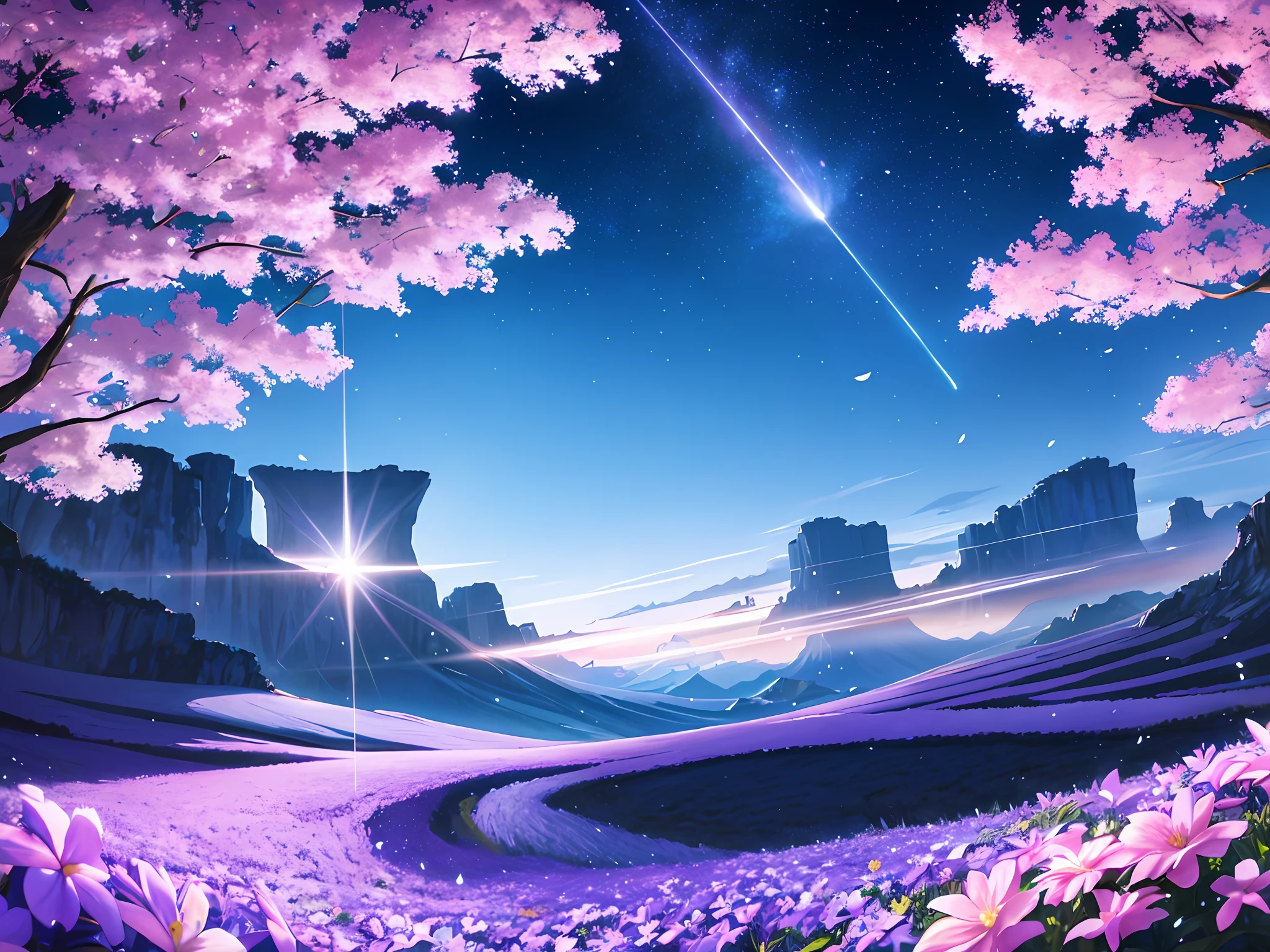 Landscape, Dreamy, Blue, Purple, Anime Landscape, Anime Wallpaper, Flowers, Sky, Shooting Star Vista, Landscape Background, (Night: 1.2), (Movie Lighting)), (Dramatic Lighting)), Intricate Details, Lens Halo, Petals