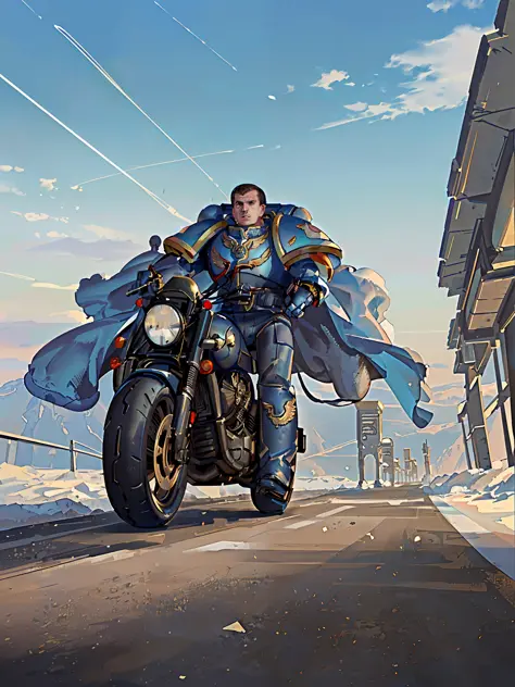 A space marine riding a motorcycle on a deserted road, his white motorcycle, super realistic, cinematc, 16k. It's just a Space marine