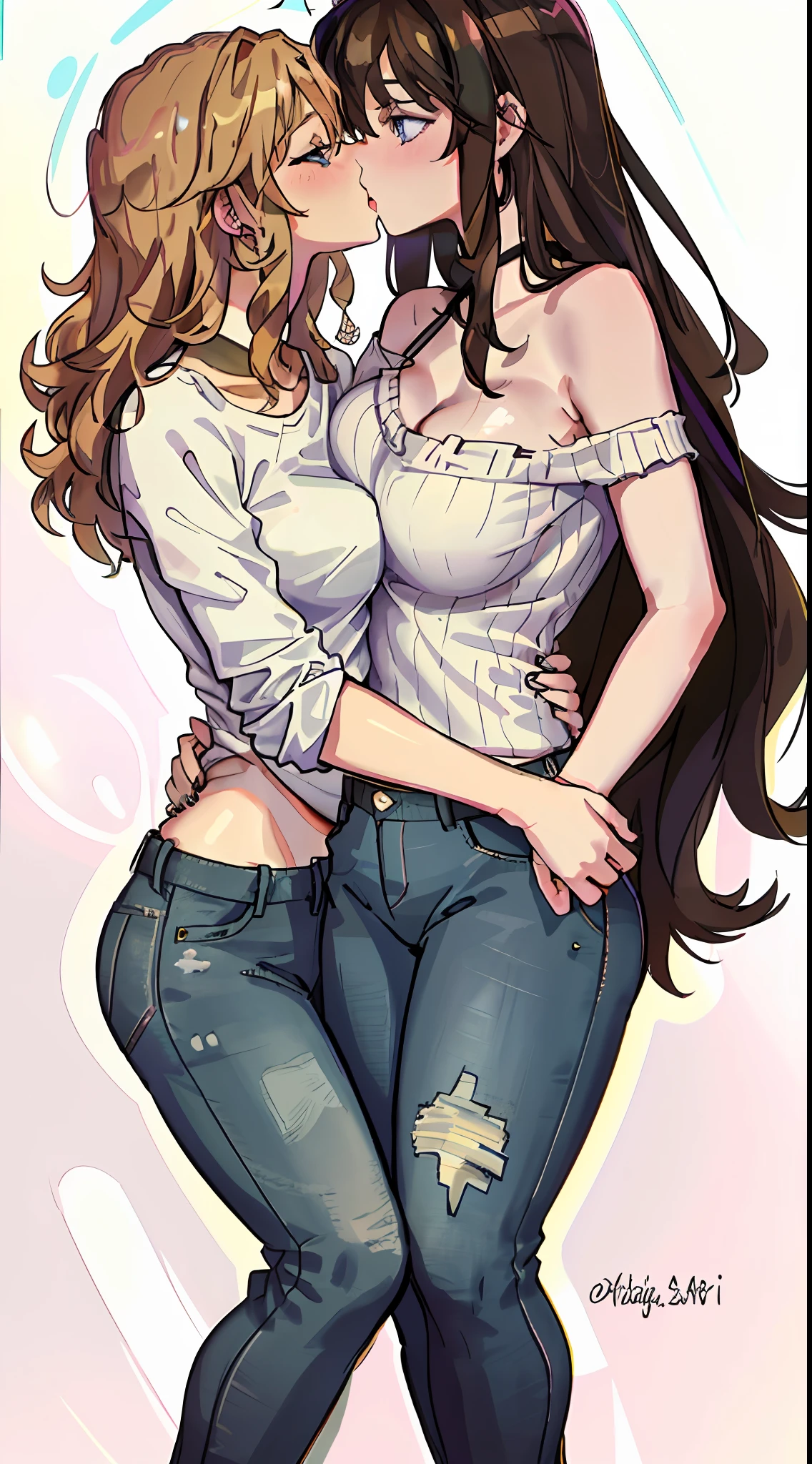 Two women in jeans and a white shirt are kissing - SeaArt AI