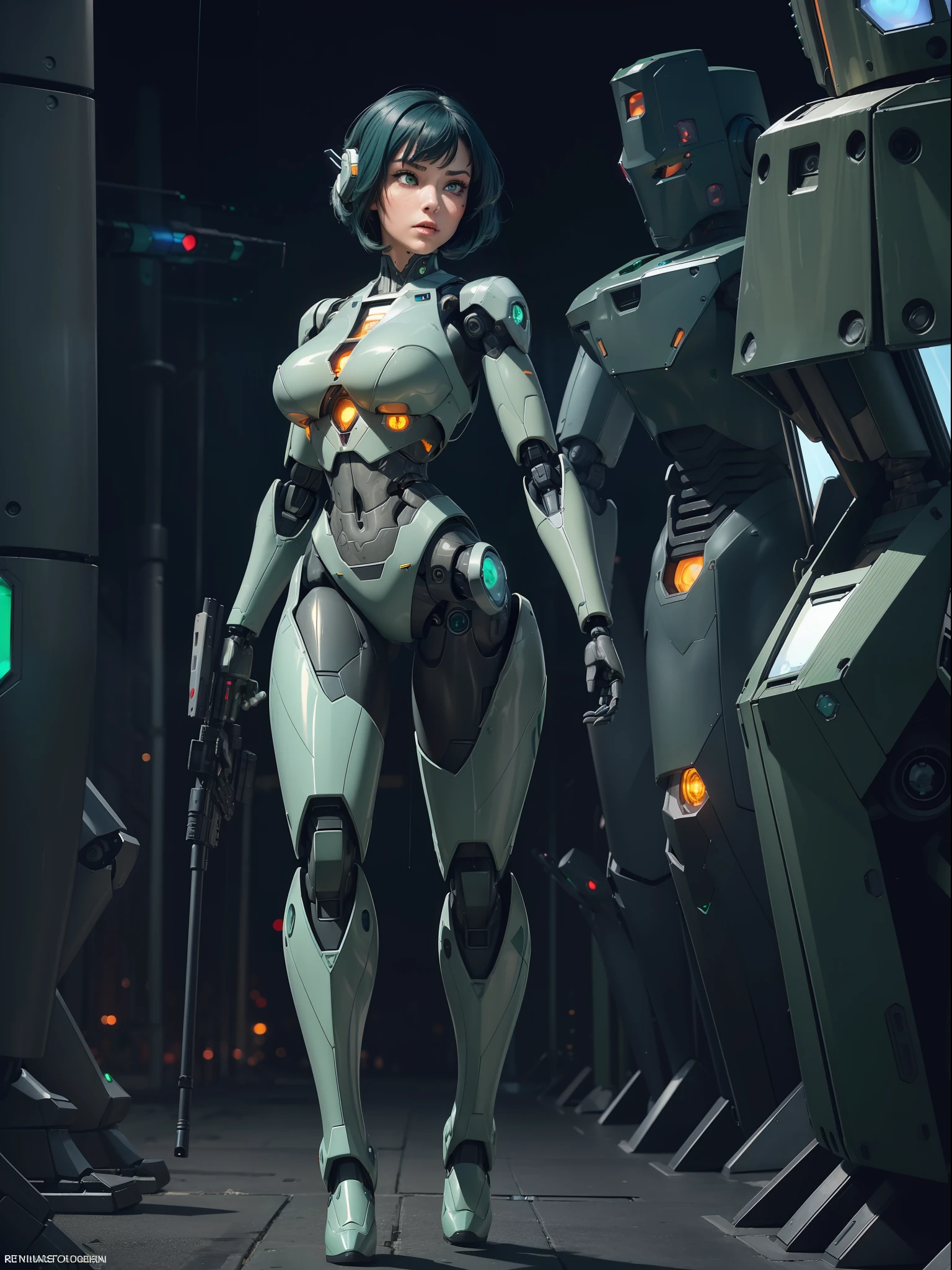 ((Full body):1.5) (({1/woman – cyborg}):1.5). Only {1/woman, cyborg}:((she has a semi human half machine half human body, is wearing a futuristic black suit extremely tight on her body):1.3). Only {1/woman, cyborg}:((has extremely large breasts):1.3). Only {1/woman – cyborg}:((has very short blue hair, dark green eyes):1.3). Only {1/woman – cyborg}:((stunning sensual poses holding a futuristic sniper rifle standing):1.3). In a futuristic city, it's raining a lot at night, the city is with ((several robots running):1.5) behind Only {1/cyborg woman}. anime, anime style, 16k, high resolution, ((best quality, high detail: 1.3)), UHD, ((masterpiece))