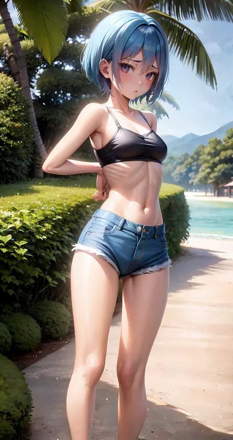 A beautiful slim asian girl with short pastel blue hair wearing a underboob crop top and unzipped denim booty shorts, shining wet skin, beach, sunny, embarassed, , small waist, nice butt, lewd, standing with legs open, underbutt, aroused, blushing, tanline...