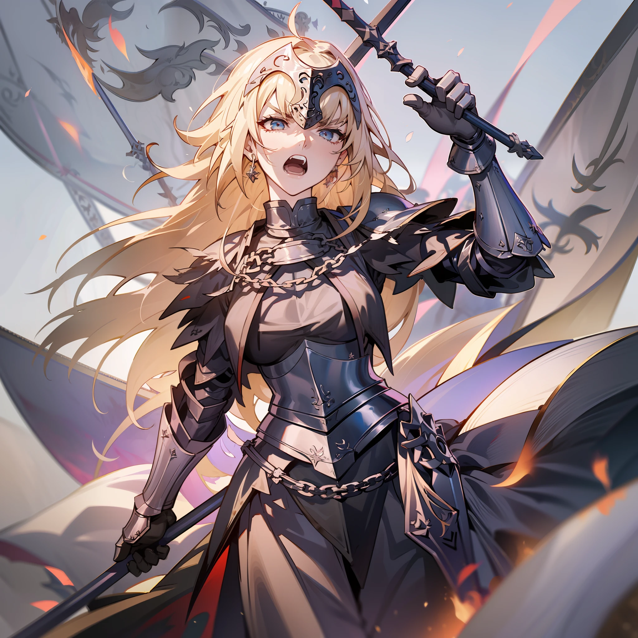 Jeanne D'arc Alter, Schicksal, Jeanne D'arc Alter mit einem schwarzen Schwert in der Hand, das auf einem Schlachtfeld nach oben erhoben wird, 8k, japanischer Anime-Stil, hohe Auflösung, perfekte Hand, perfektes Auge, detailliertes Auge, Detaillierte Hand, Rüstung, erhobene Hand, schreiend, wütender Gesichtsausdruck, 2D-Abbildung , Blondes Haar, Mittagssonne, Zerstörung, mittelalterliche Schlacht im Hintergrund