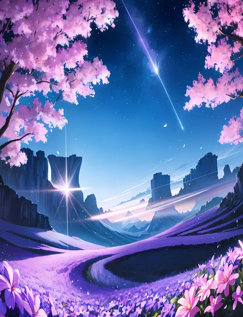 landscape, dreamy, blue, purple, anime landscape, anime wallpaper, flowers, sky, shooting star vista, landscape background, (nig...