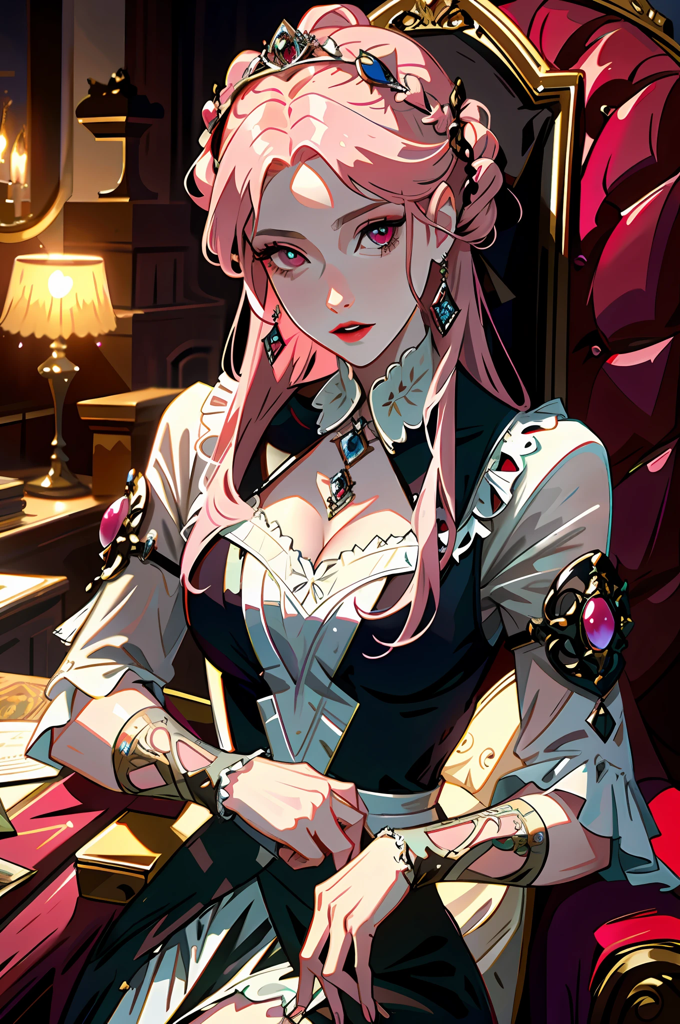 masterpiece, best quality, a couple, mature, adult, different fashion, different color, finely detailed eyes and detailed face, intricate details, happy, fantasy, 18th-century European aristocratic style, noble, garden, baroque, woman with pink hair, delicate, vampire, night