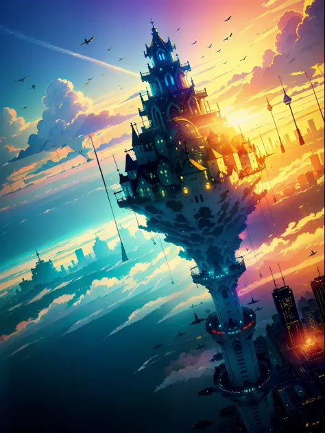 ((🎈 City in the Sky composed of flying angels)), quality of artwork, rendering of particles, ({vivid} high saturation), ({floating} suspended), ({water} water surface) scenes, under ({ sunlight}), ( 🌊 🌫️ { fog 🌈 ☀️ 🔮} fog) surrounded by extremely distant p...