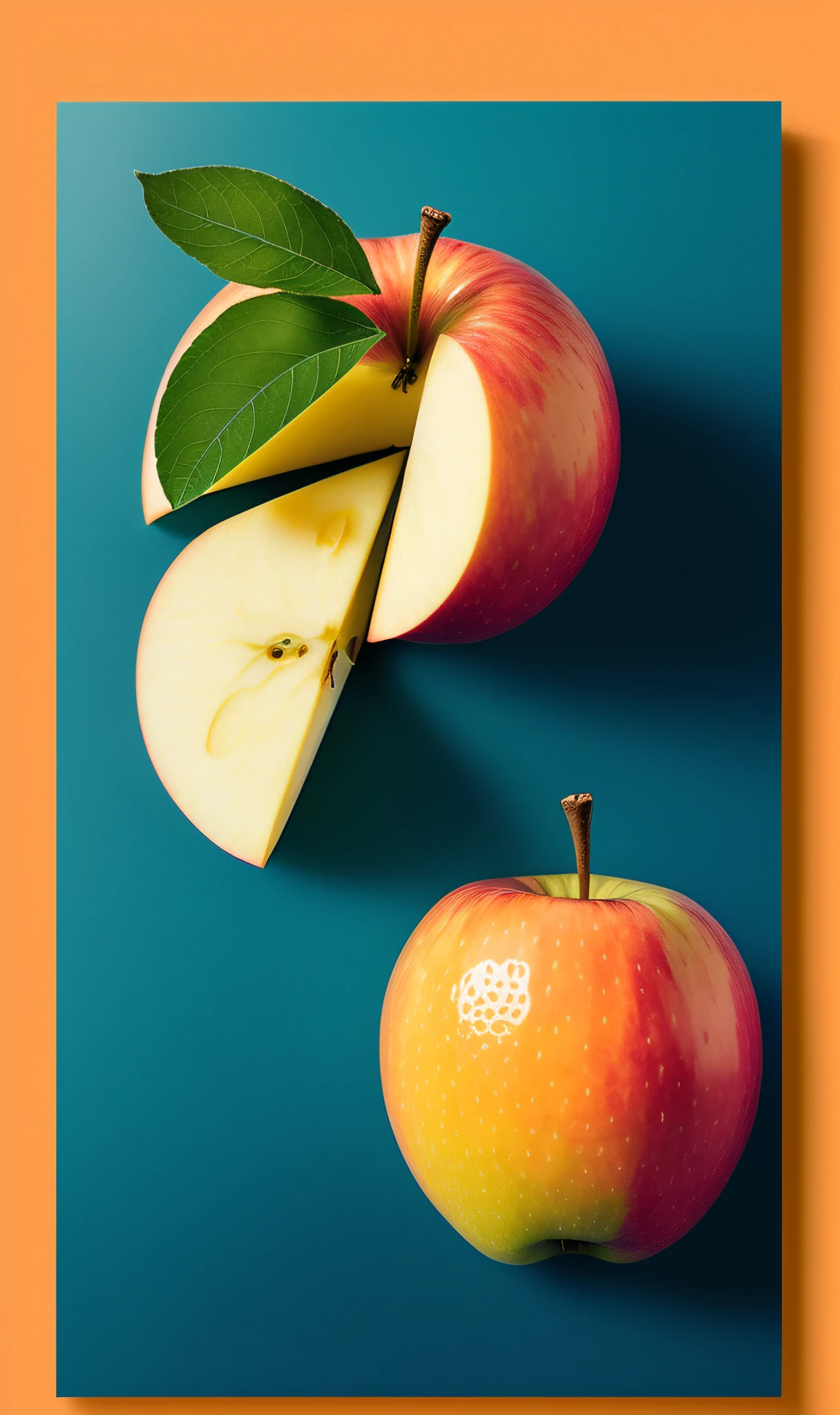 a half eaten apple sitting on top of an orange background, apples 