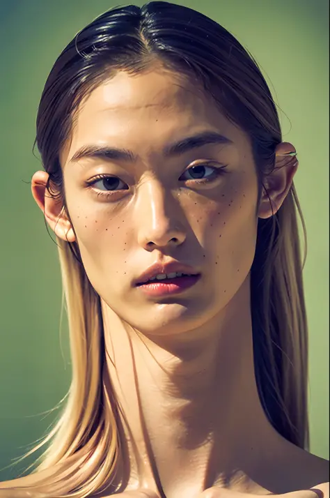 photorealistic portrait of a young man with delicate korean face blond green eye.long hair. ((man with blonde hair and green eye...