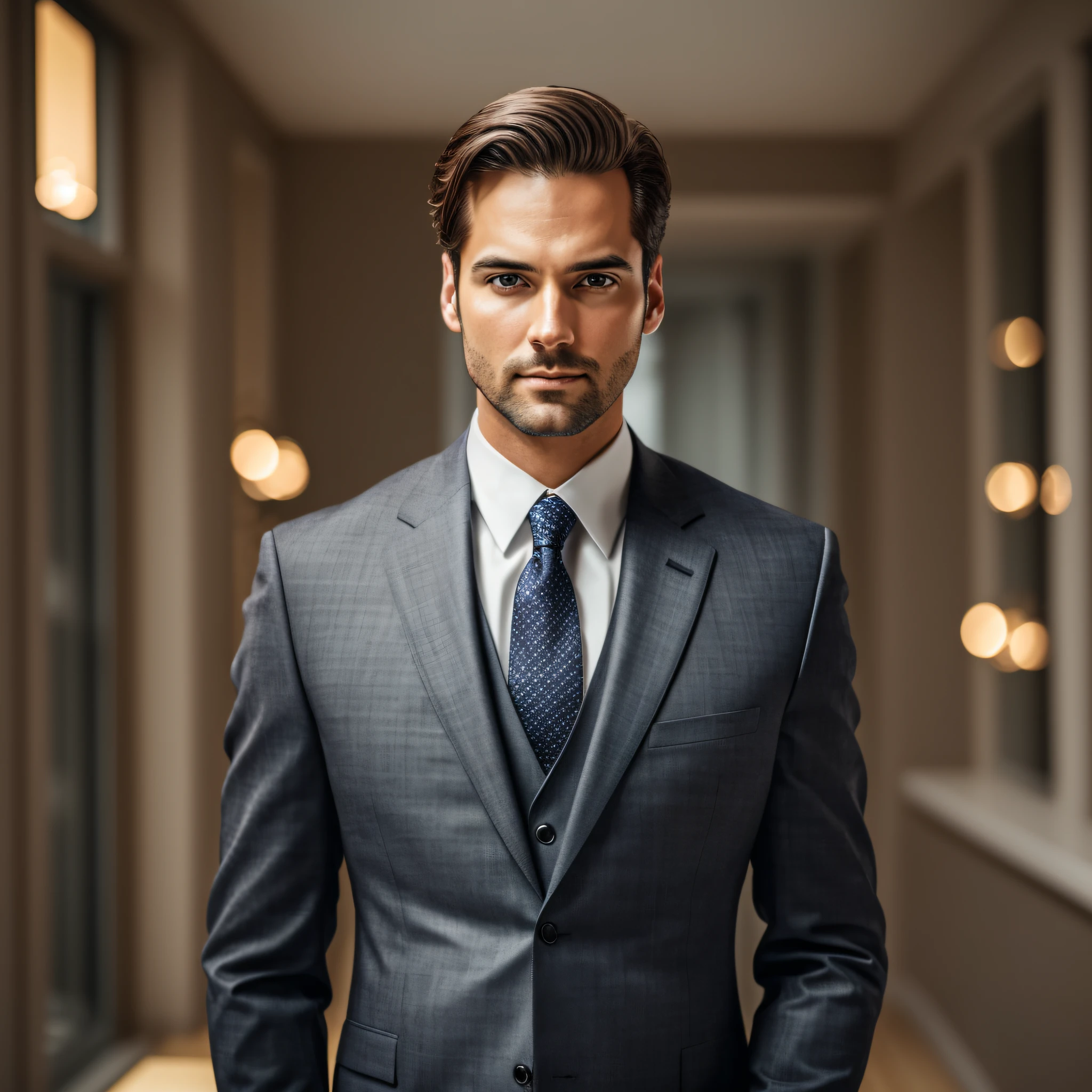 Un hombre de pie con 30 años de traje y corbata., cuerpo y cabeza rectos en la foto, DSRL, frente al espectador de la foto, ojos fijos a la lente, Aparecen hombros y cabeza en la foto., hombre centrado en la foto, 8k, mejor calidad, Obra maestra, Realista, Realista photo, foto de la película, ultra Realista, 1 person, detallado,  iluminación perfecta, DSRL, foto profesional, 4k --auto --s2