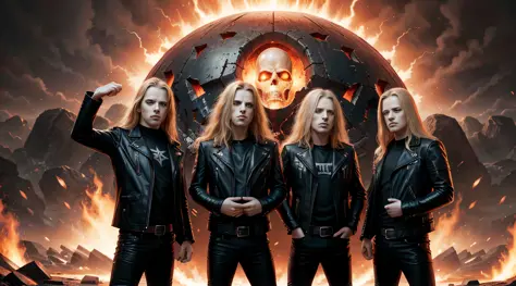 three boys in leather clothes standing in front of a big explosion style portrait,infernal , heavy metal band promo, thrash meta...