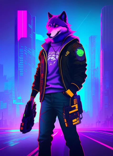 Digital drawing of male anthropomorphic wolf drawn in shaded cell, fursona, furry fandom, rainy neon cyberpunk scenery, anthro, wearing cyberpunk jacket 2 0 7 7, with big headphone, detailed face, nvinkpunk, snthwve style