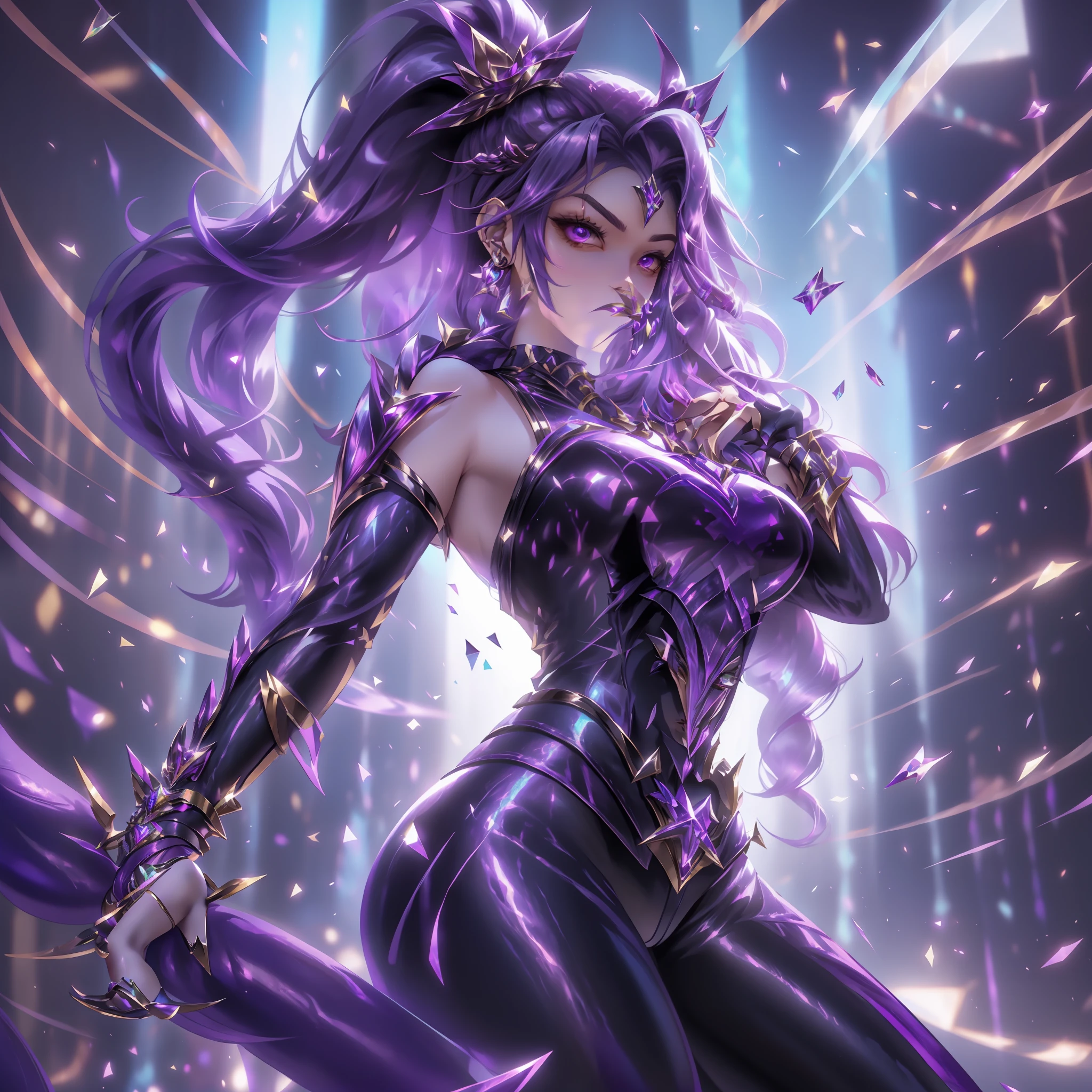 a superheroine, purple stretch leather suit, big sharp claws, long hair tied in a high tail, "K/DA (League of Legends)" style, lots of brightness, elaborate shadows, scenic lighting, various particle effects, 4K, UHD