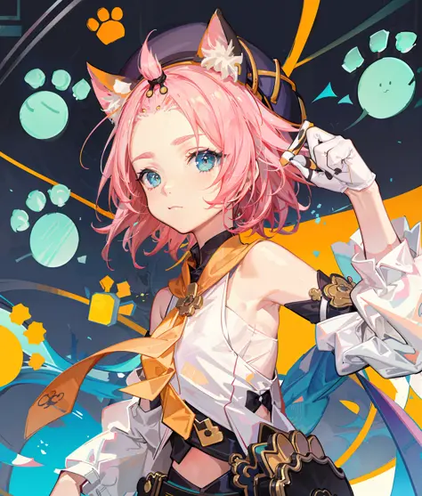 (flat color:0.9),(colorful:1.1),(masterpiece:1,2), best quality, masterpiece, highres, original, extremely detailed wallpaper,1girl,solo,cat Girl, short pink hair with cat ears, teal eyes, white sleeveless top, separate sleeves, black shorts, side bag in a...