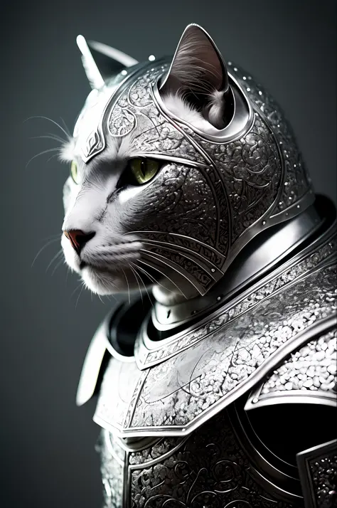 a cat made out of (kneeling knight), portrait, finely detailed armor, intricate design, silver, silk, cinematic lighting, 4k,