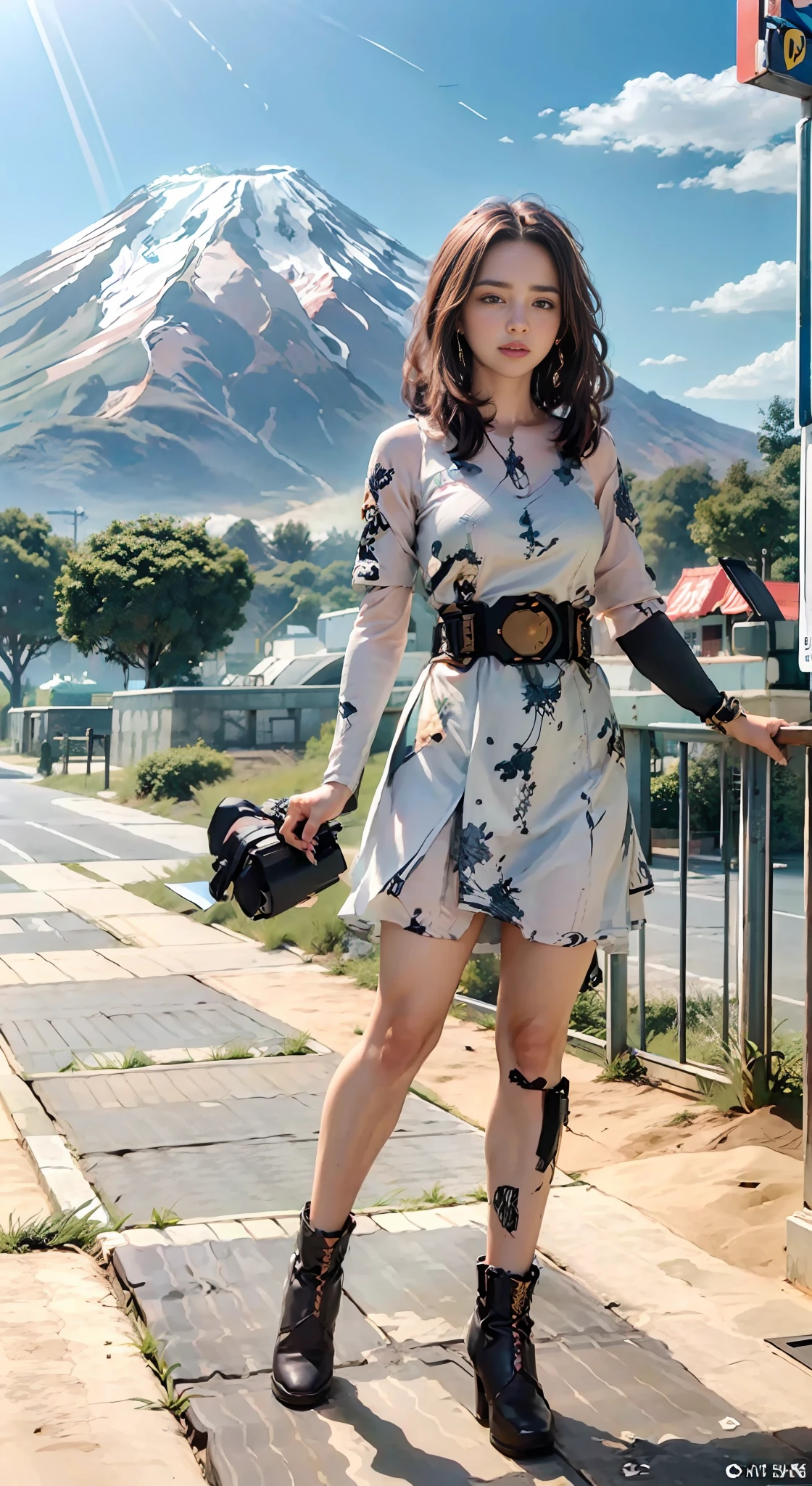 there is a man standing next to a sign that says the way to the top of a mountain, in background, with a volcano in the background, standing close to volcano, moutain in background, touring, background image, surreal!!!, volcanoes in the background, mountain, in volcano, wallpaper!, standing!!, snapchat photo, captured on iphone, photography, sharpness,f1.6 lens, rich color, hyperrealistic texture, spectacular light texture, surreal art, Cinestil 800 fashion mechanism, unified 8k wallpaper, ultra detail, beautiful and beautiful, beautiful, masterpiece, best quality, ultra fine photos, best quality, ultra high resolution, photorealistic realism, sunlight, full body portrait, detailed complex busy background, messy and gorgeous milky white, highly detailed skin, realistic skin details, visible pores, sharp focus, volumetric fog, 8k UHD, DSLR, high quality, film grain, fair skin, photorealism, lomography,