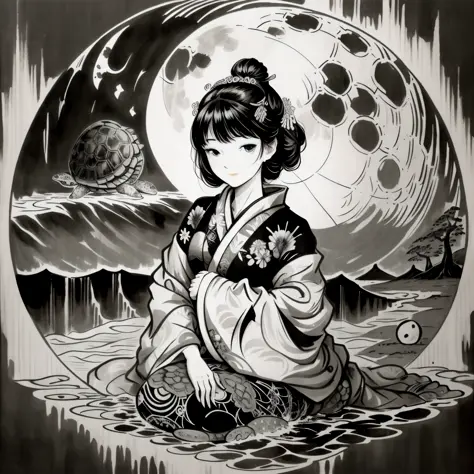 Ink-printed woodcut style 27-year-old Japanese woman in kimono astride a large tortoise looking at the moon Sea in the backgroun...