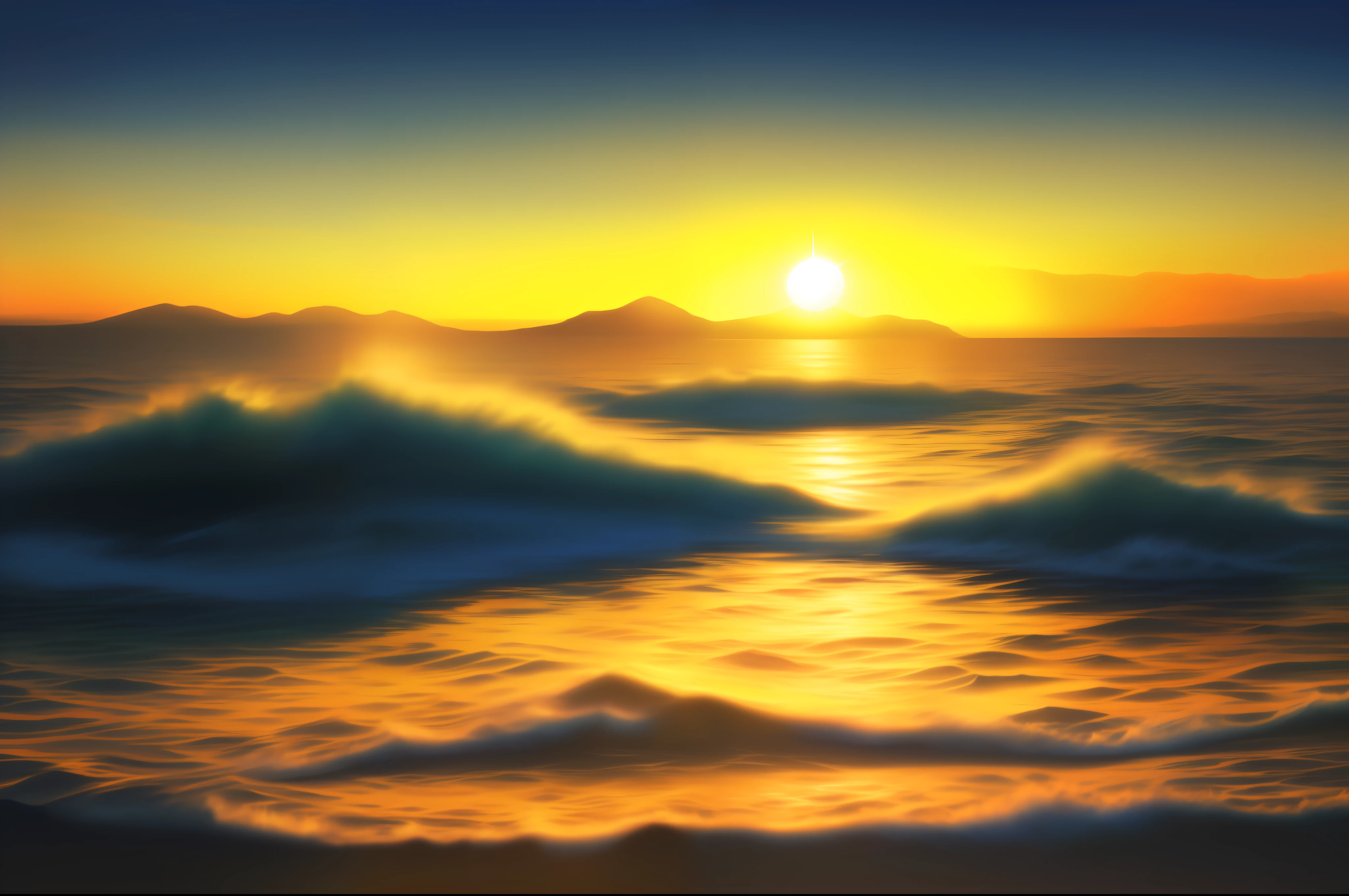 estilo artístico, puesta de sol entre dos montañas hacia el mar, El sol se refleja en el mar., noche y dia,  ((obra maestra)), (((mejor calidad))), ((ultra detalle)), ((ilustración)), ((Realista)), (reflexiones), enfoque nítido, iluminación frontal, sombras intensas,