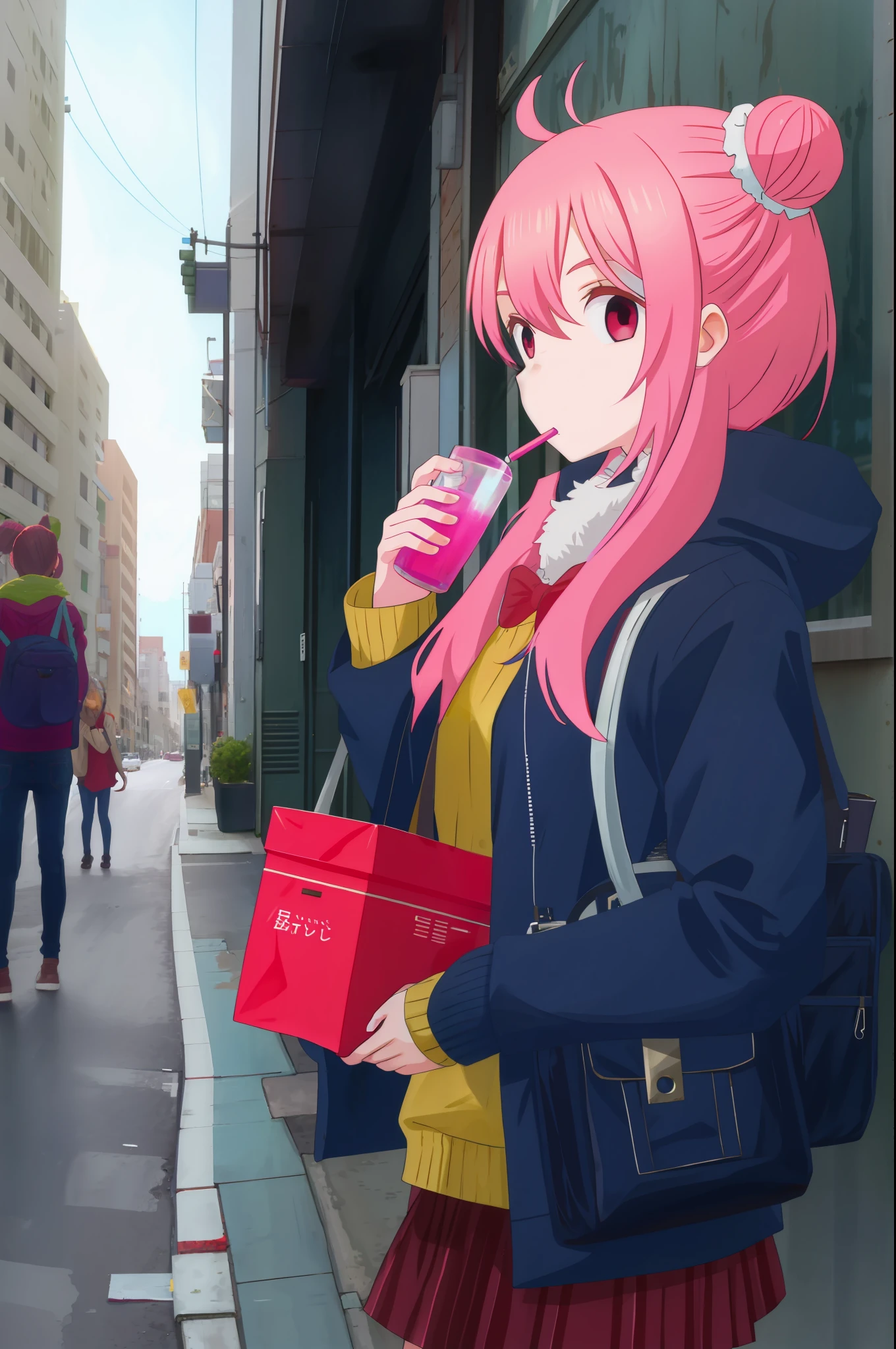 Chica en la calle bebiendo jugo