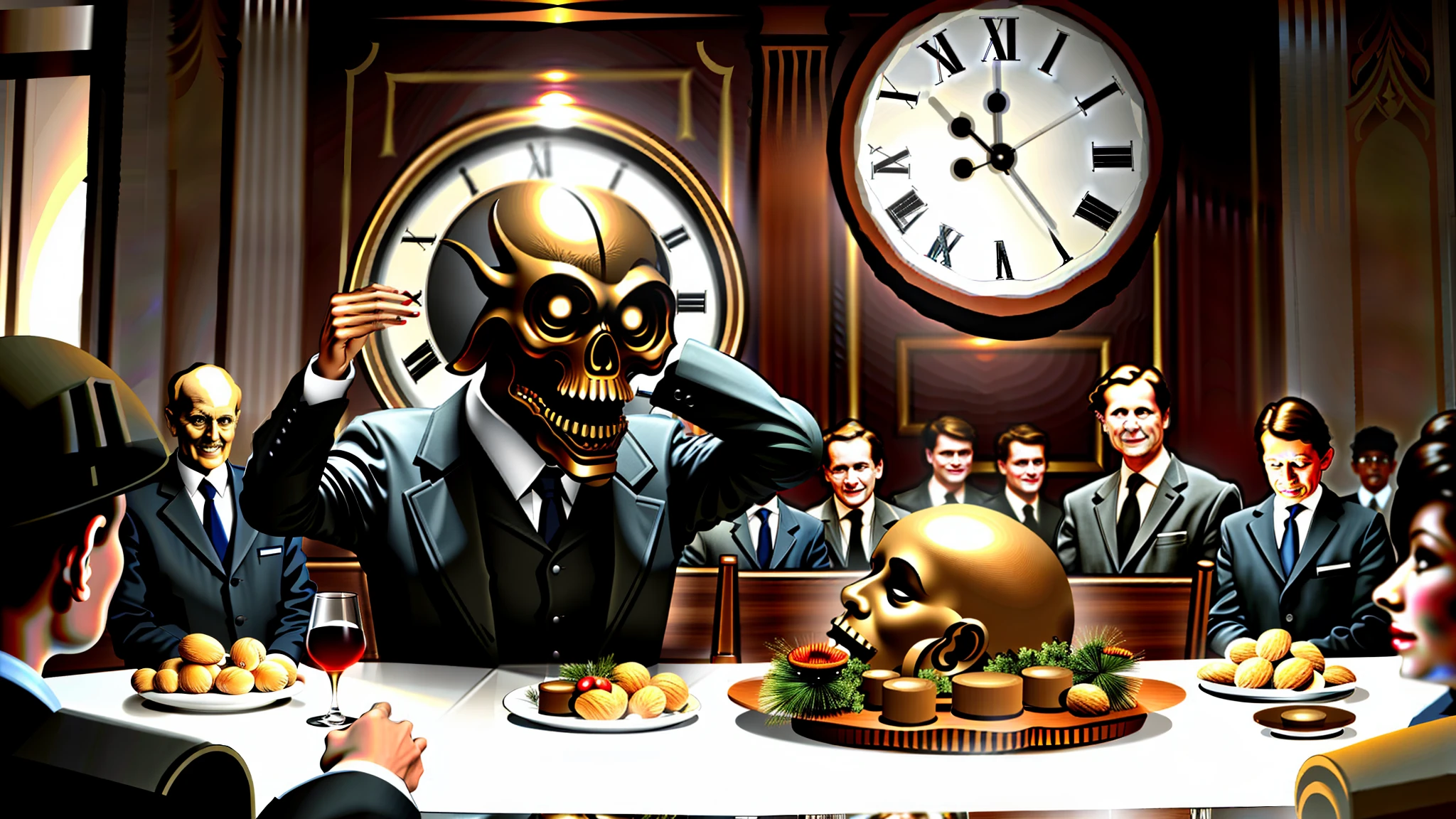Bourgeois, Menschen an einem Tisch essen, reiche Leute, die menschliche Körper essen, im Hintergrund eine riesige Uhr