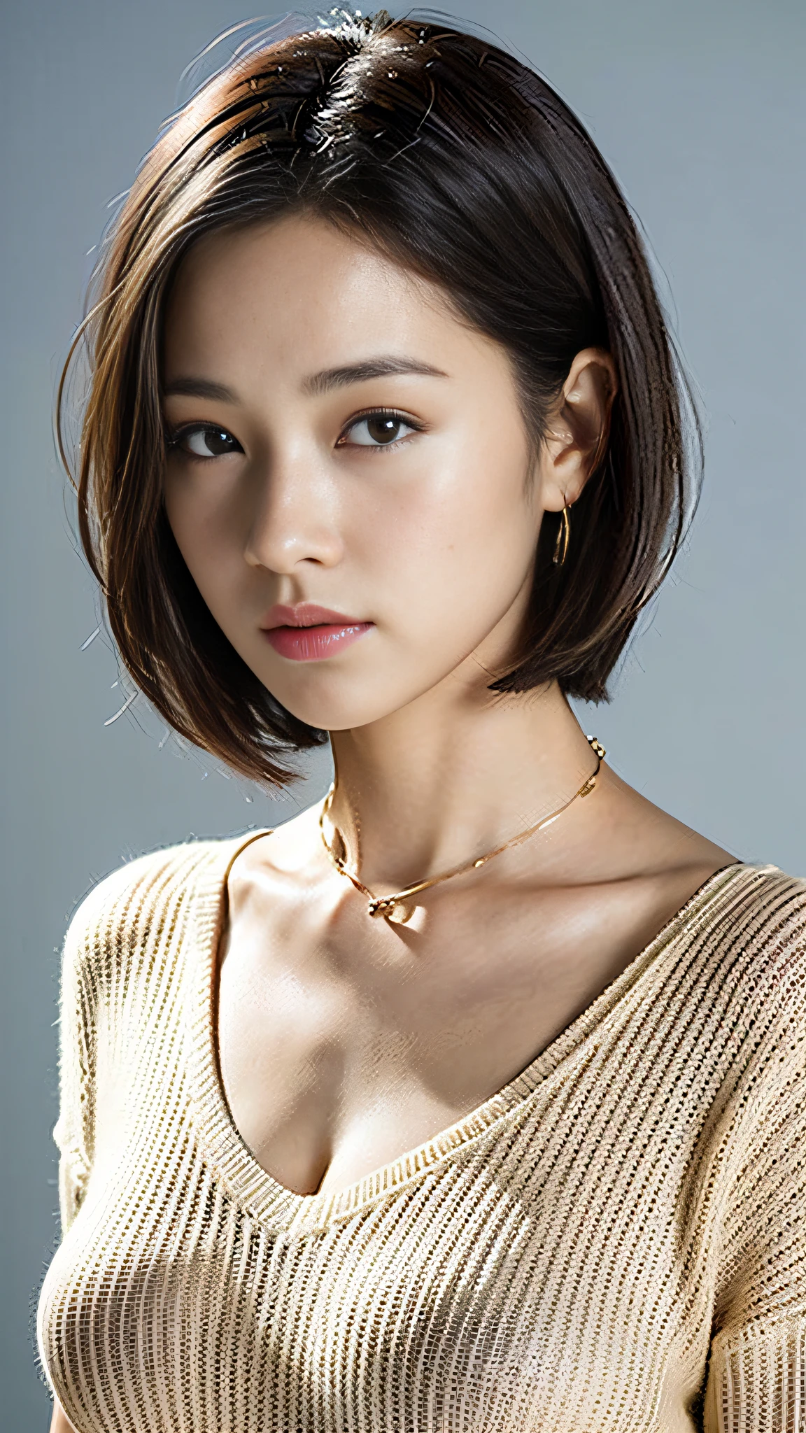 (Best quality, 8k, 32k, Masterpiece, UHD:1.2),Photo of Pretty Japanese woman, large breasts, very short bob hair,upper body,face focus,oversized_sweater, necklace, simple background, from above, looking at viewer,
