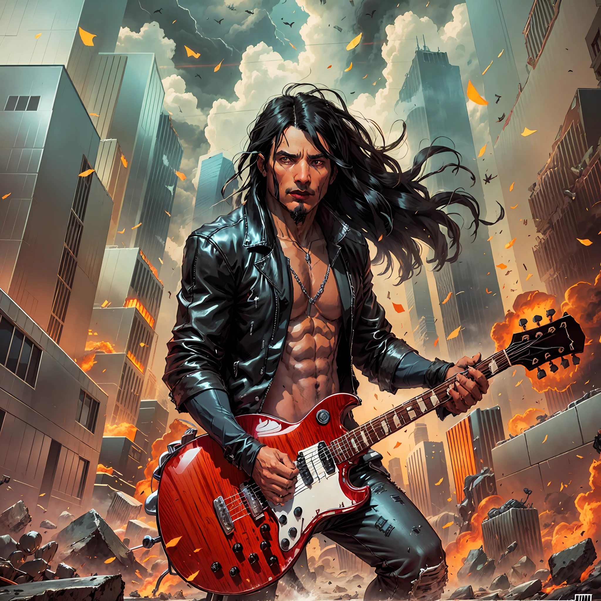 un hombre (1 hombre) con pelo largo y negro, Chaqueta estilo rock in roll negro tocando la guitarra, Una ciudad completamente destruida y en llamas, Estilo de arte digital de fantasía épica., ilustración de fantasía épica