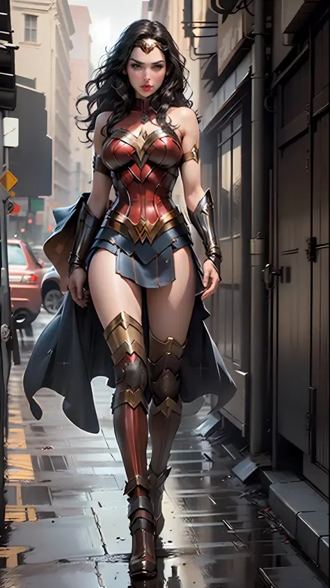 (best quality)), ((masterpiece)), ((realistic)), (detailed), detailed face, wonder woman (gal gadot)Beautiful woman (20s, long black hair, blue eyes) defined, detailed body, wearing tube dress wonder woman(((huge breasts)))