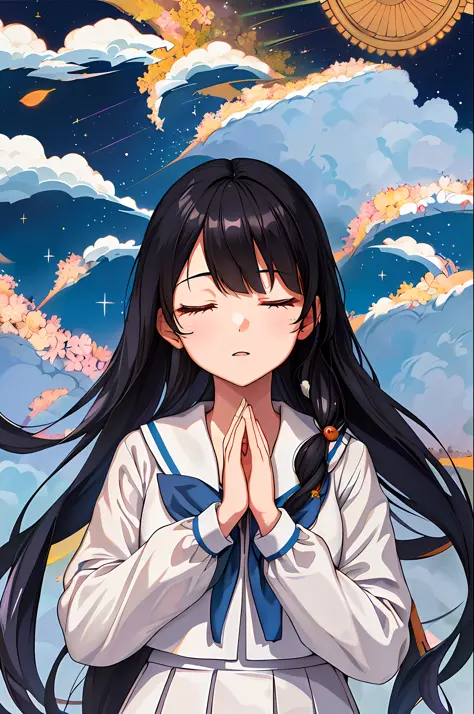 one girl, 17-year-old schoolgirl in a japan sailor suit, black hair, petite, closed eyes, black hair long hair (((((school unifo...