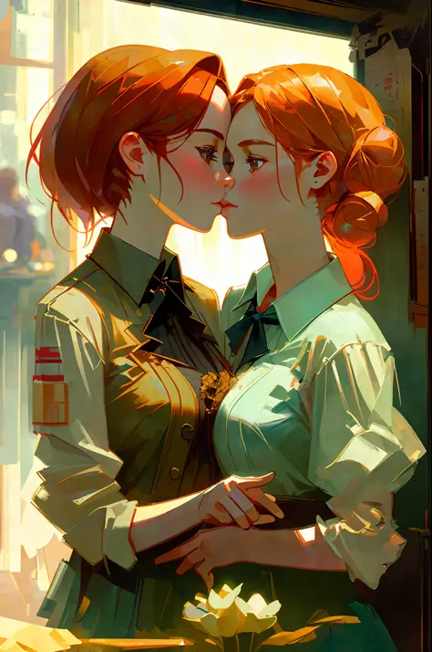 fantastic realism, bokeh,  ultra detailed, 2girls facing each other, chest against chest, kiss, red head and blond girl, underwe...