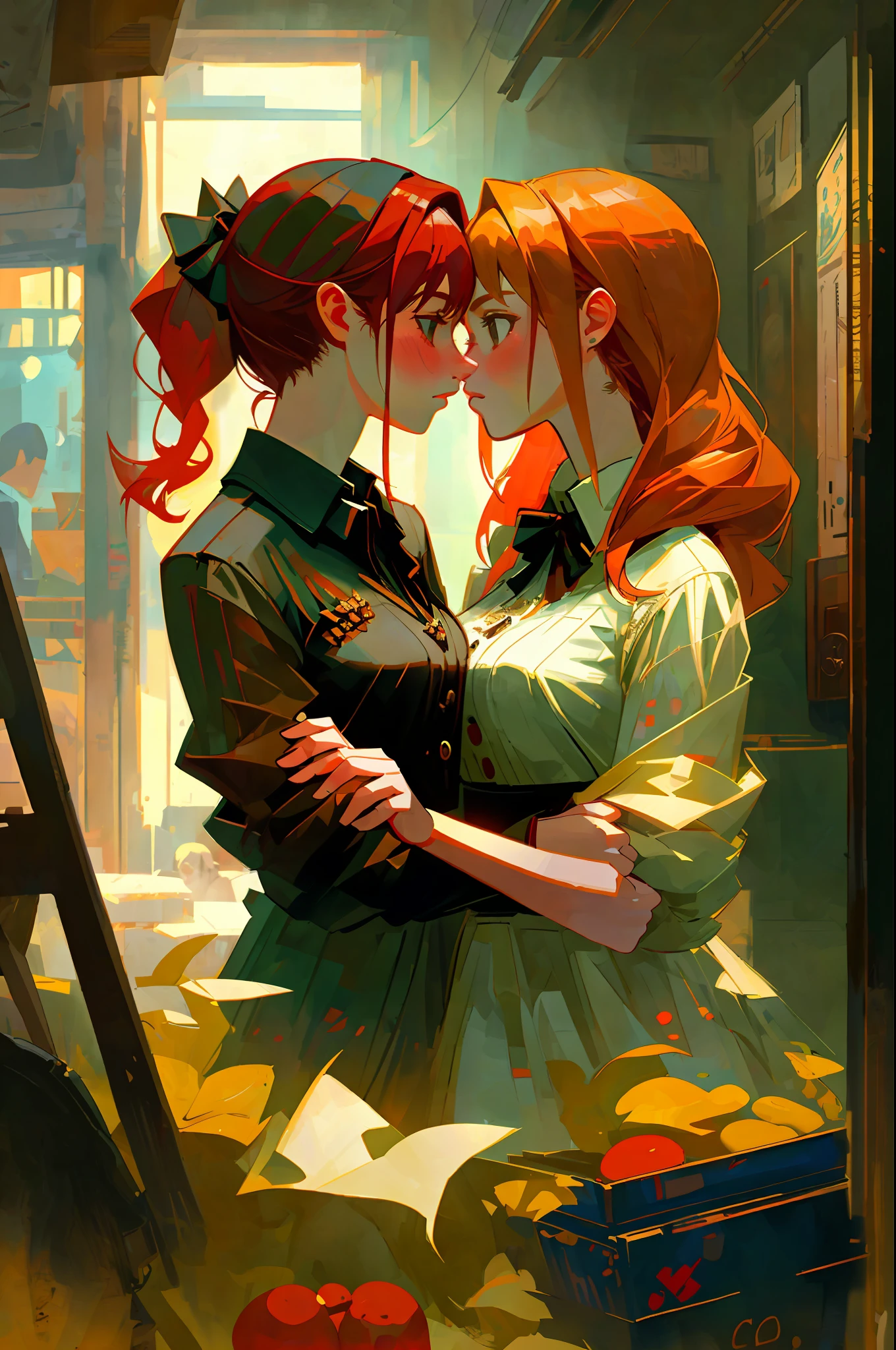fantastic realism, bokeh,  ultra detailed, 2girls facing each other, chest against chest, kiss, red head and blond girl, underwear, indoors, narrow storage room, detailed background,