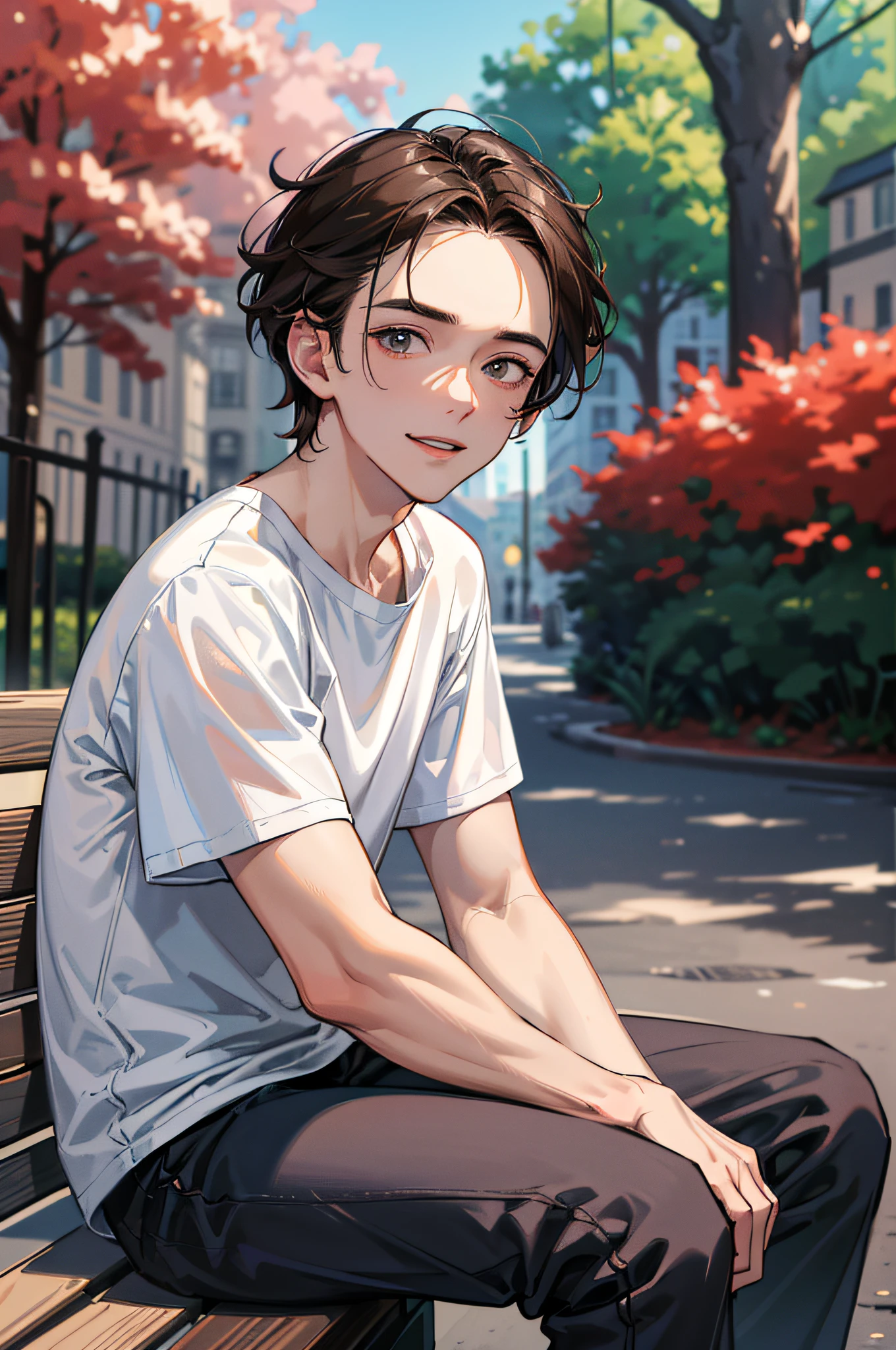 (absurdres, highres, ultra detailed, HDR), masterpiece, best quality, 1boy, solo, handsome, dark brown hair, finely eye and detailed face, forehead, ((loose white t-shirt)), sneaker, (pale and white skin), look at viewer, ear piecing, , smile, sitting on bench, park in background, full body view