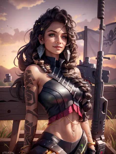 sky, field, grass, samira \(League of Legends\), League of Legends, 1girl, jewelry, tattoo, eye patch, earrings, green eyes, bra...