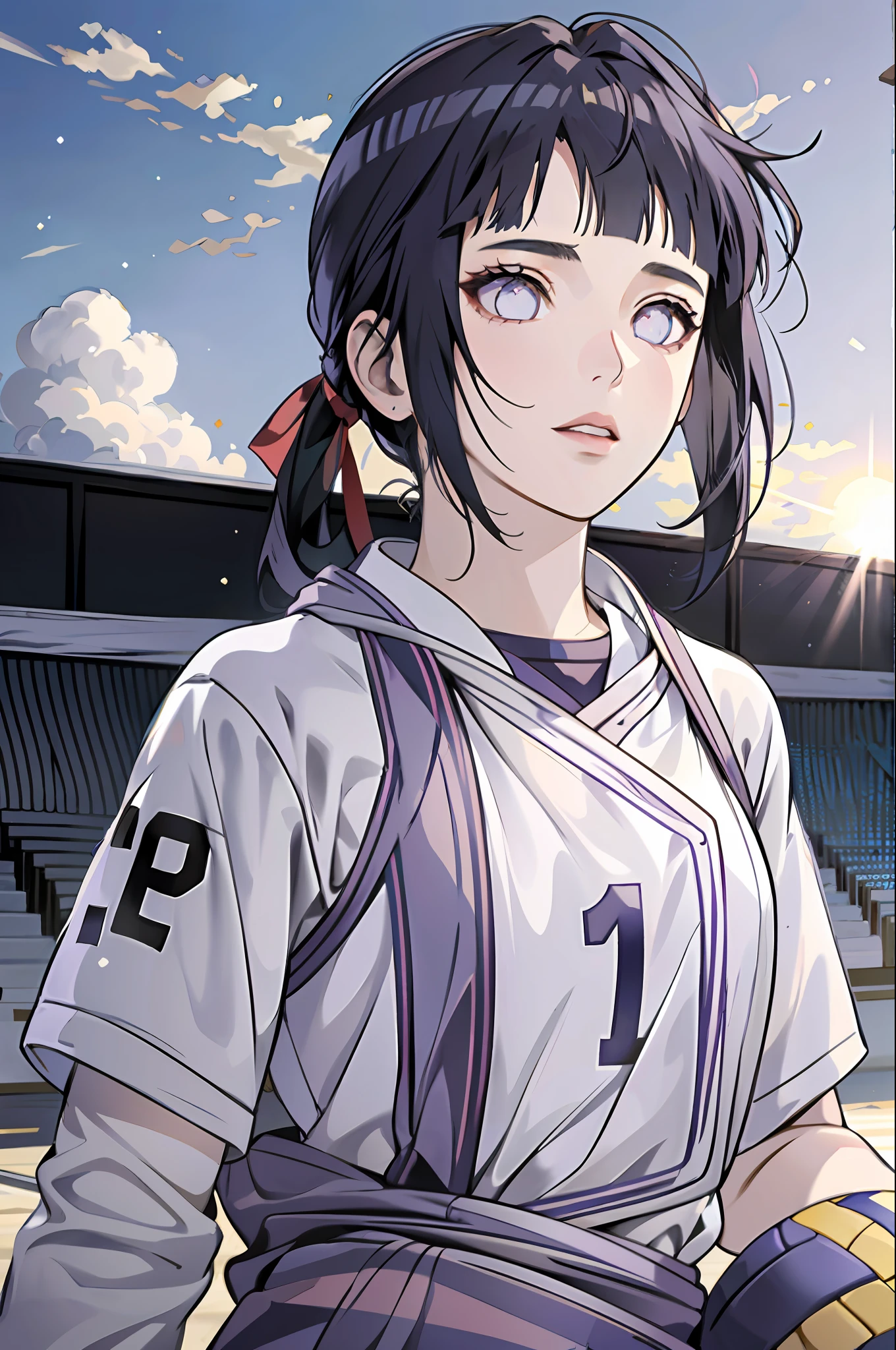 masterpiece, (ultra-detailed), 8K, ultra high res, (1girl), finely detailed beautiful eyes, dark blue hair, small breasts, purple eyes, light on face, light on body, solo, ((masterpiece)), sunshine light, stadium, (((volleyball))), (((volleyball player outfit))), (playing volleyball), hinata/(boruto/) , blunt bangs, ponytail, from front