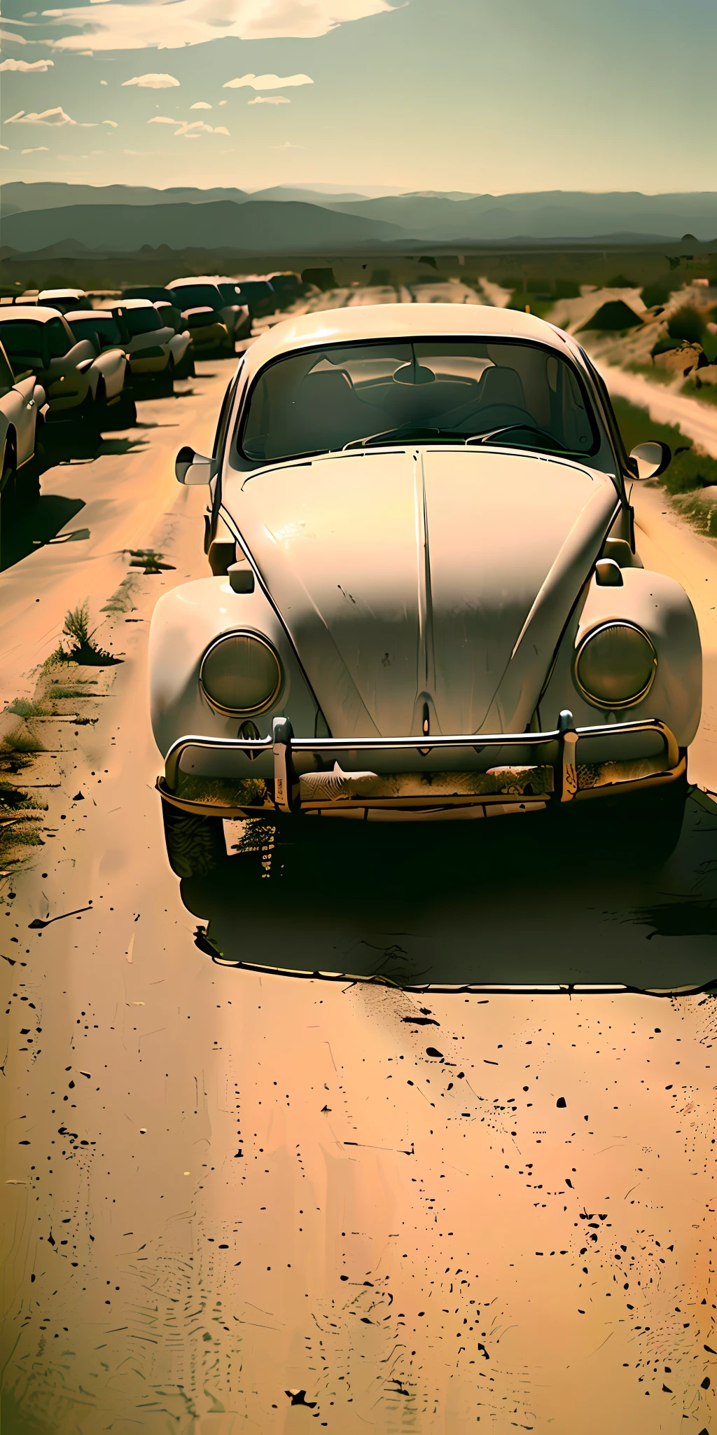 analog gloomy photo of a red Volkswagen Beetle car, ((three quarter view)), (dark sunset), driving on a dirt road, (dilapidated town), 1969, ((horror movie)), slasher film, texas chainsaw massacre, film grain, retro,  High Detail, Sharp focus, ((photorealism)), realistic, best quality, 8k, award winning, dramatic lighting, epic, cinematic, masterpiece