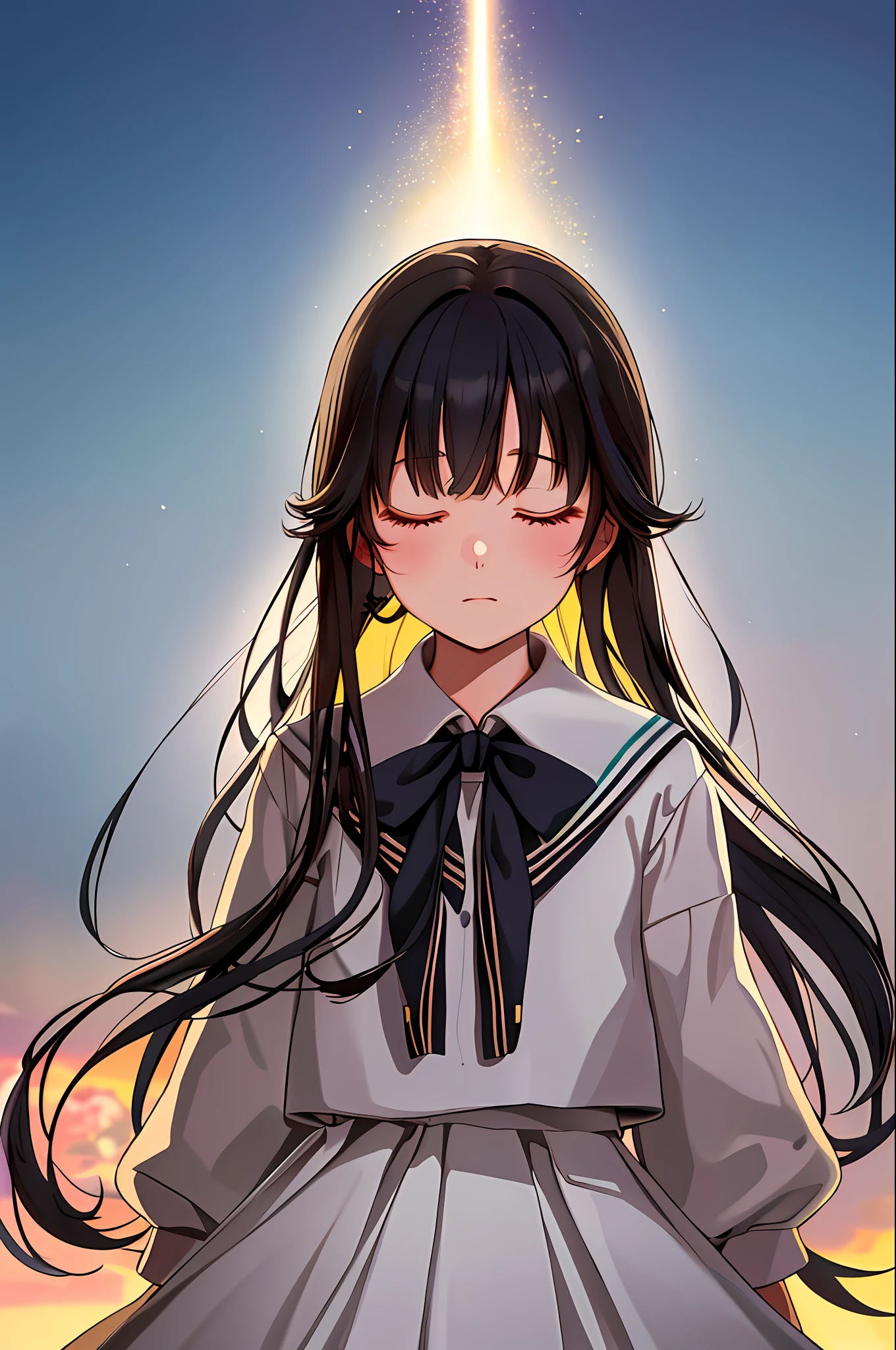 Cowboy shot,1 girl, 17 year old  in Japan sailor suit, black hair, , closed eyes, black hair long hair ((((school uniform)))), ((masterpiece, highest quality, highest quality, official art, beautiful and aesthetic: 1.2), extreme detail, colorful, supreme detail ((super detail)), (very detailed CG illustration), ((very delicate and beautiful)), cinematic light, devastated city, prayer, Looking Up to the Heavens