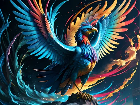 a phoenix, colorful,
yang08k, photography, beautiful, blue background,
masterpieces, top quality, best quality, official art, be...