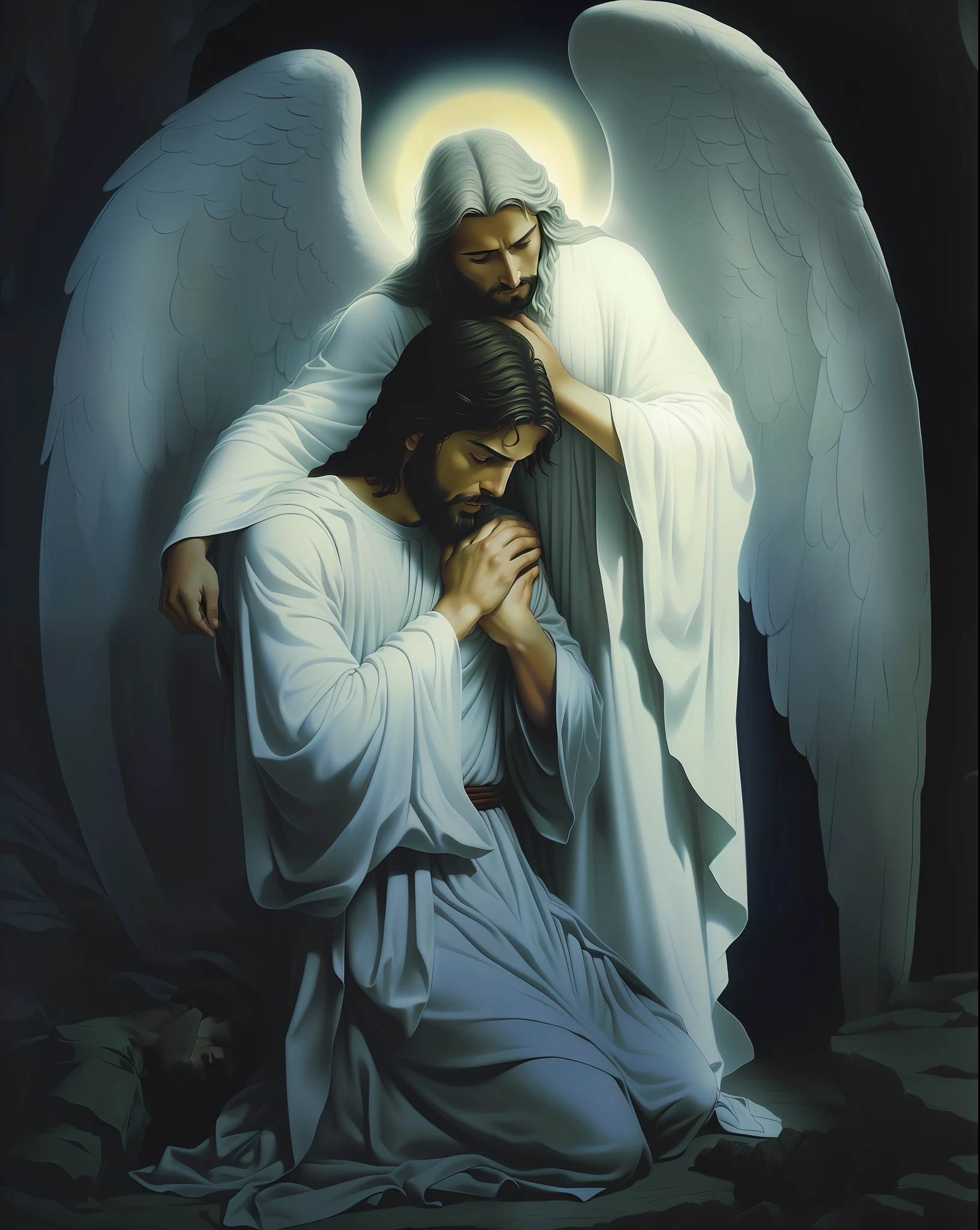 An angel comforting Jesus Christ - SeaArt AI