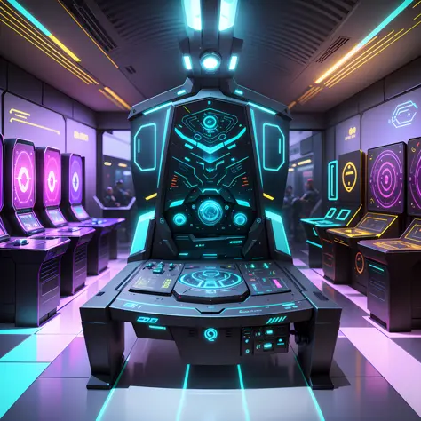 quantum video game, leds, retrofuturistic style, futuristic video game design, quantum futuristic arcade. --auto --s2