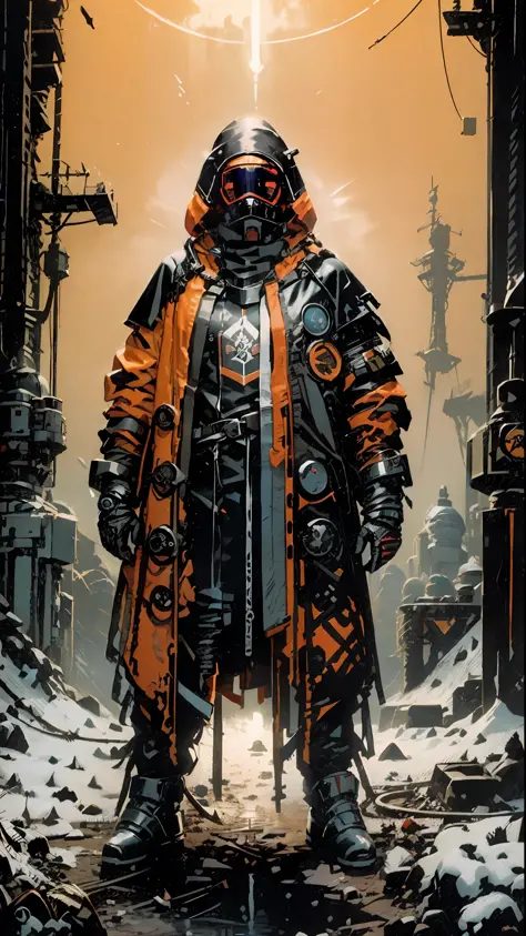 ((masterpiece)), (ultra detailed), 1 man , solo, full body, prisoner clothing, cold, layers of clothes, bulky orange clothes, bl...