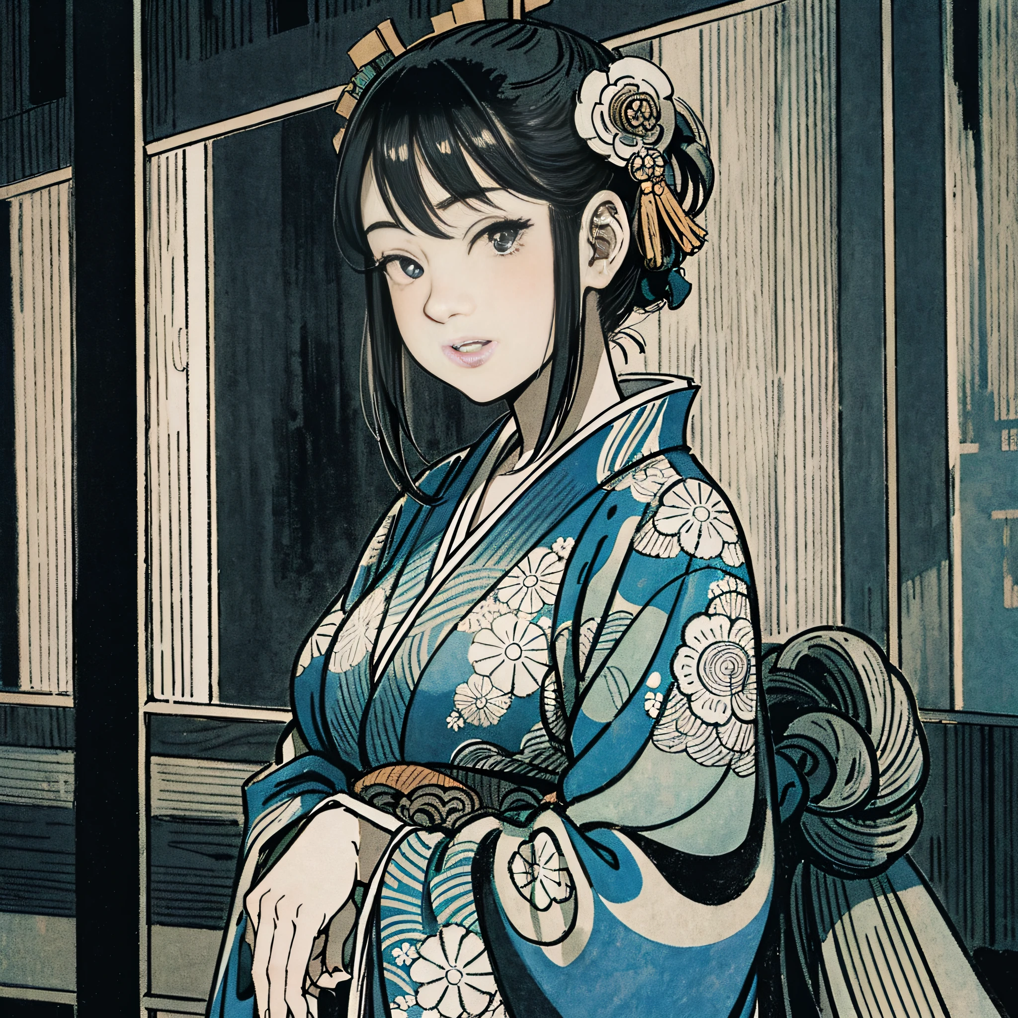インク木版画 (白黒) 江戸時代の浴衣を着た32歳の女性 (優雅な日本) 窓際 頬に触れる 色を使わない 擦れの有無