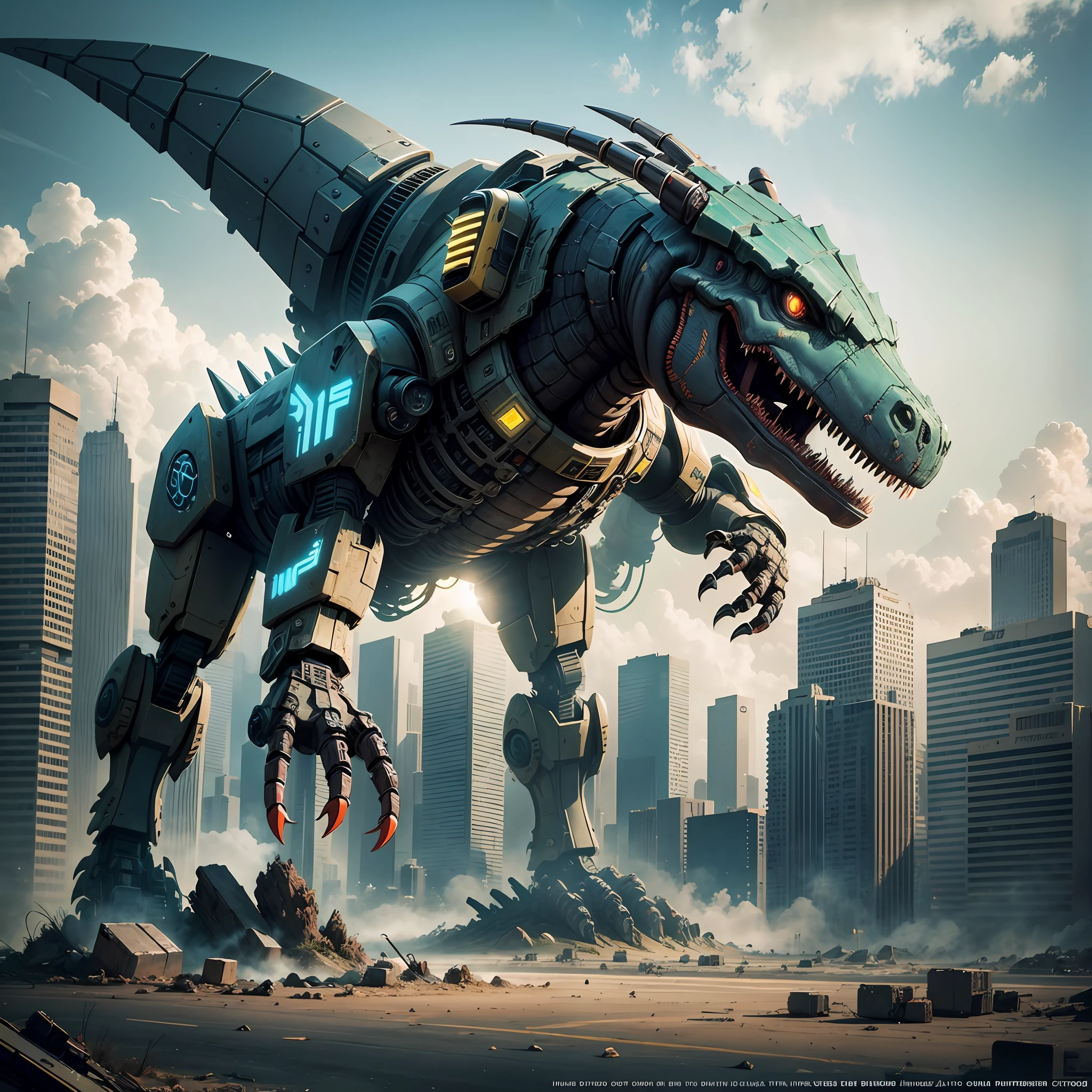 realistic photography, masterpiece, robotic dinosaur, cyberpunk style, inspired by transformers, Bumblebee, image in a post apocalyptic environment, destruction, depth --auto --s2