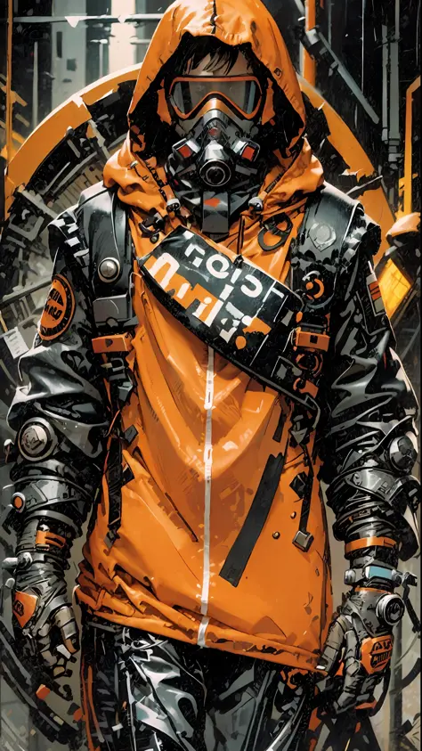 ((masterpiece)), (ultra detailed), 1 Man , solo, close, prisoner clothing, cold, layers of clothing, bulky orange clothes, black...