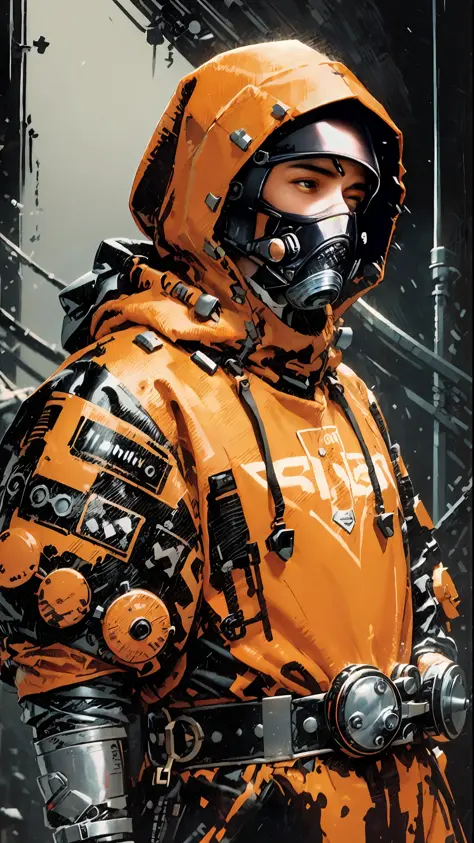 ((masterpiece)), (ultra detailed), 1 Man , solo, close, prisoner clothing, cold, layers of clothing, bulky orange clothes, black...