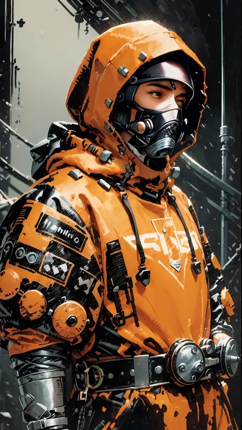 ((masterpiece)), (ultra detailed), 1 man , solo, close, prisoner clothing, cold, layers of clothing, bulky orange clothes, black...