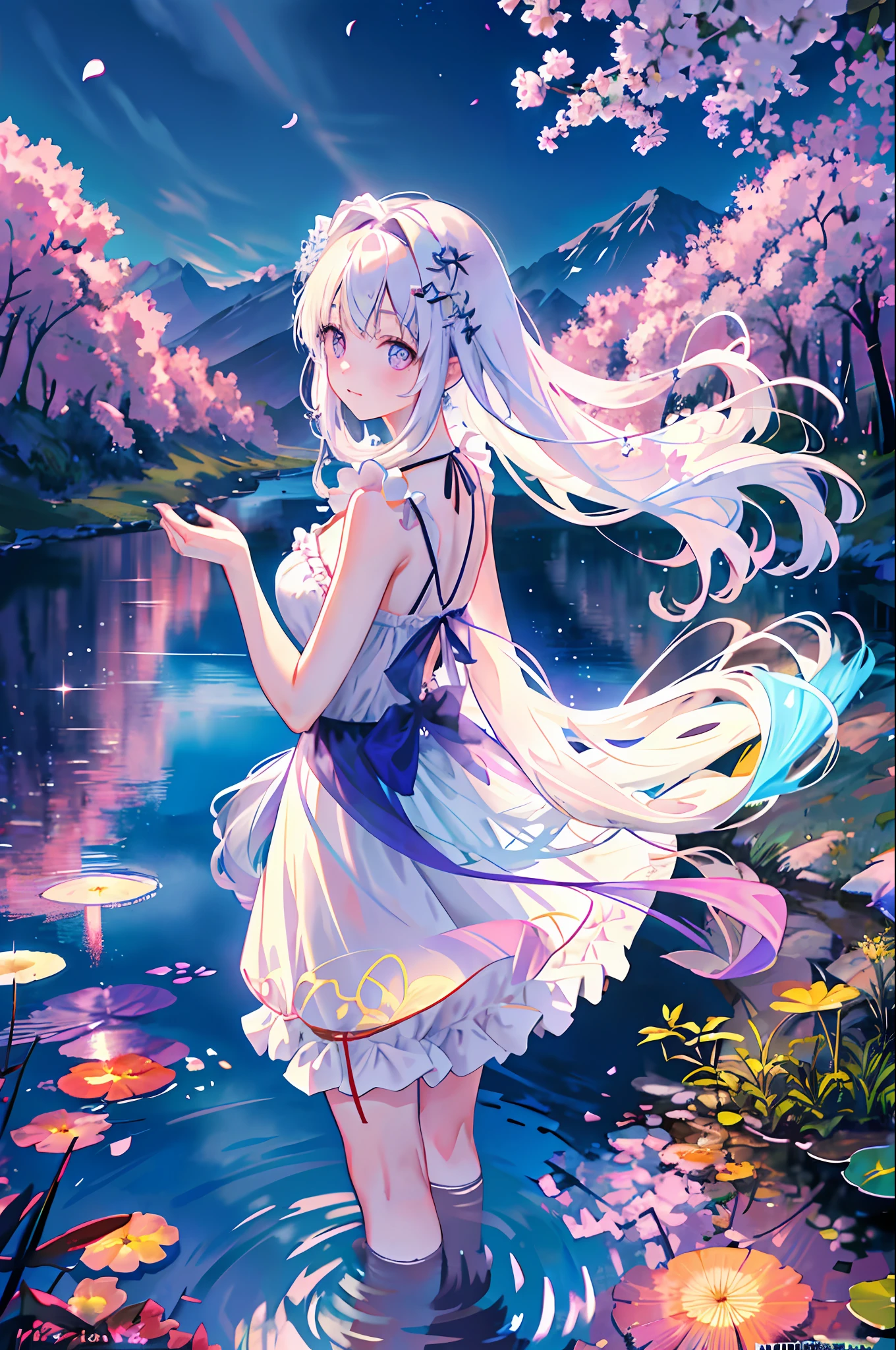 (Highest picture quality), (Master's work),(Detailed eyes description),(Detailed face description)(back view), 1girl,purple eyes, white hair,(very long hair),very long hair (floating in the wind), back-view, looking back, hair ornament, flower hair ornament. head band, ribbon, lingerie, miniskirt, garter belt, slight exposed navel, visible shoulders, blush, pond, petals (lens flare), walking on pond, water reflection, pond, cleavage, medium breast, aurora sky, night sky, galaxy sky, horizon, mountains, forest, moon, (cover-style:1.3), fashionable, woman, vibrant, swimwear outfit, posing, front, colorful, dynamic, background, elements, shy, expression, holding, statement, accessory, majestic, coiled, around, touch, scene, attention-grabbing, catchy, modern, trendy, focus, fashion, realistic lighting, extreme blushing