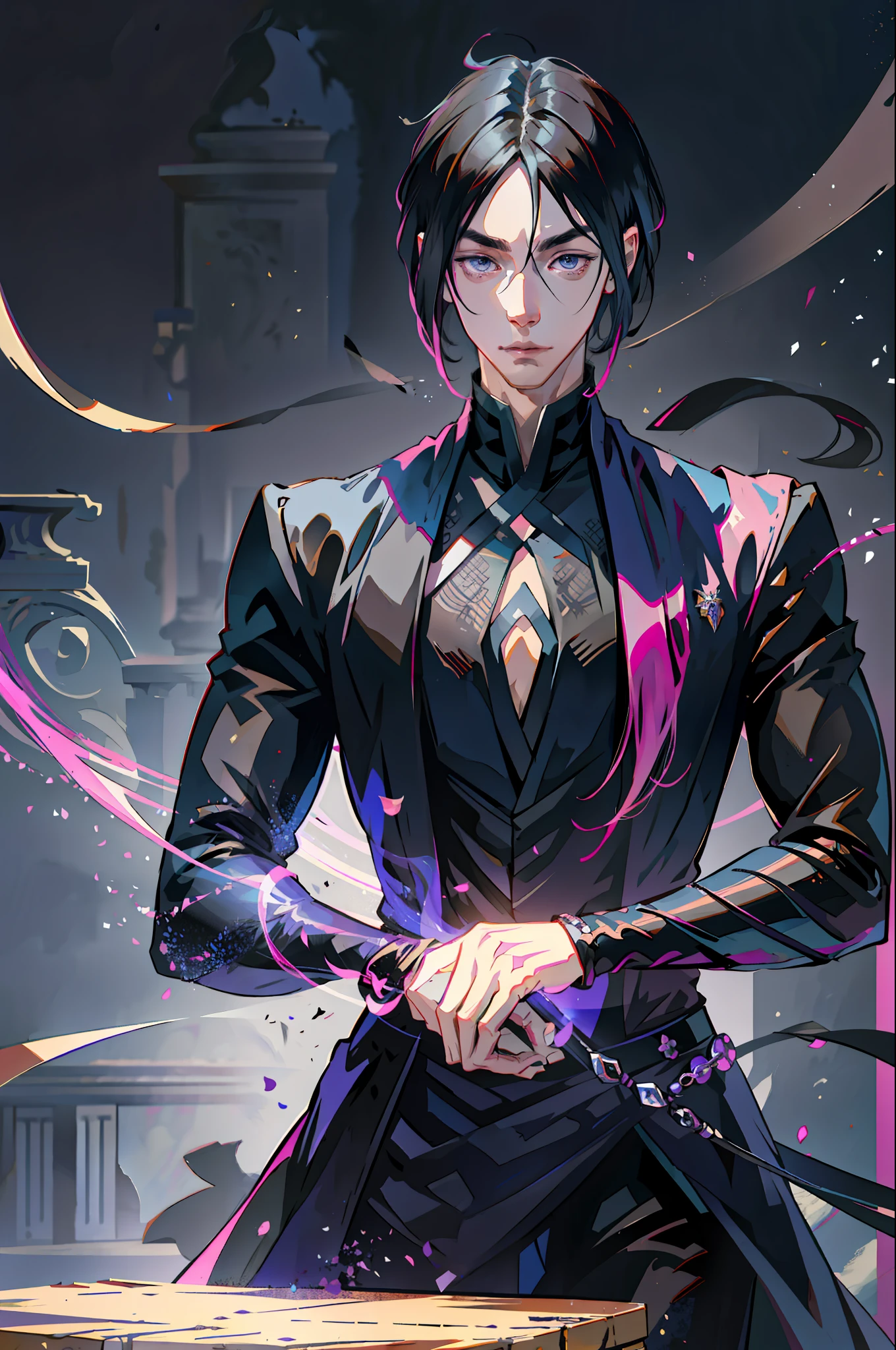 masterpiece, best quality, 1 man, adult, handsome, tall and muscular boy, broad shoulders, finely detailed eyes and detailed face, short black hair, sasuke, onyx color eyes, aristocrat, magnificent background, shadow effect, throne,(anime), sasuke uchiha,fantasy, 18th-century European aristocratic style, noble, garden, baroque, he is accompanied by a woman with pink hair, two brothers, brothers