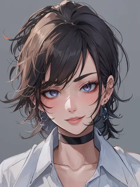 "(cartoon, painting style) portraying a mature woman wearing a masculine white button up and black formal pants, small earrings, light blue eyes, defined eyebrows, blush, light red lips, choker, wavy black hair styled in a mullet in a clean portrait, close...