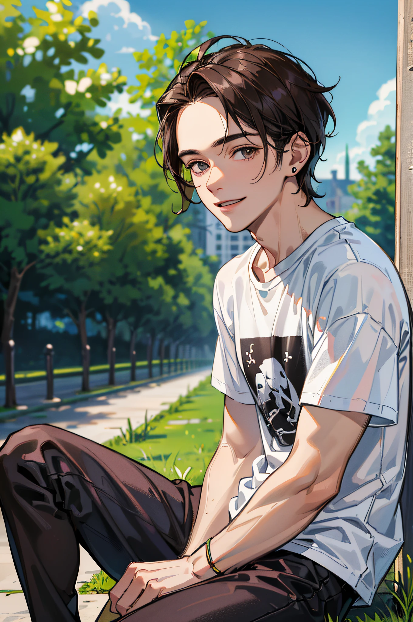 (absurdres, highres, ultra detailed, HDR), masterpiece, best quality, 1boy, solo, handsome, dark brown hair, finely eye and detailed face, forehead, ((loose white t-shirt)), sneaker, (pale and white skin), look at viewer, ear piecing, , smile, sitting on bench, park in background, full body view